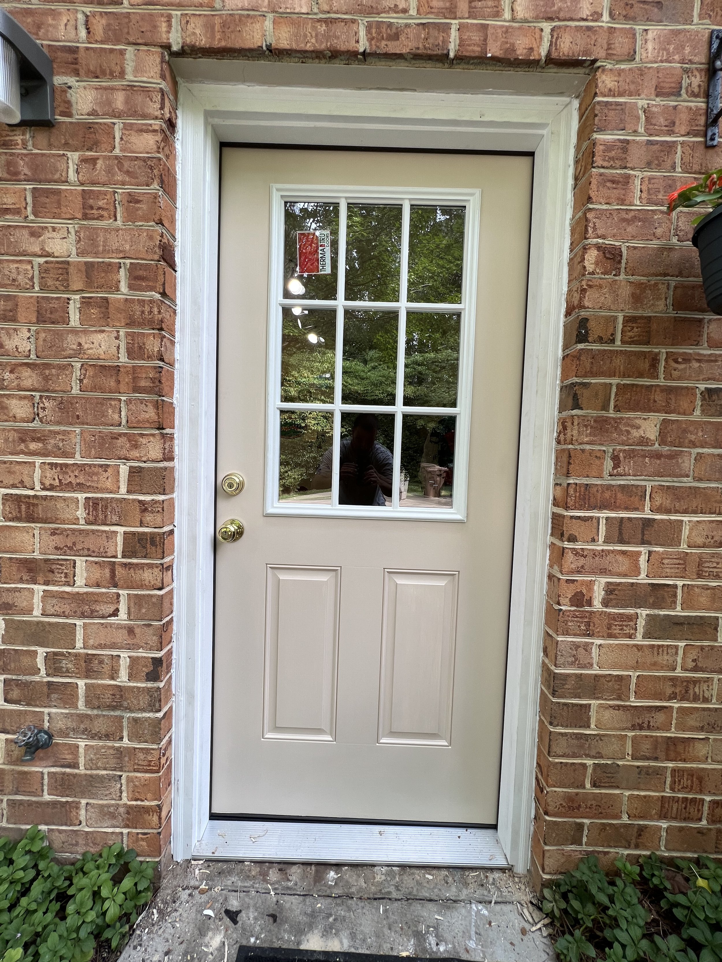 Front exterior door with a windowpane, surrounded by a brick wall, with a small green plant at the base.