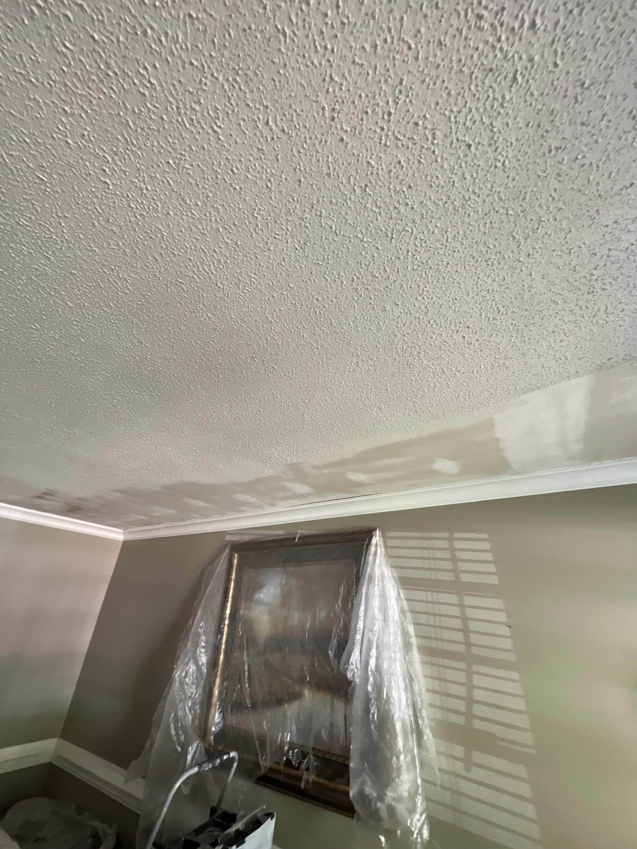 Room with beige textured ceiling, partially painted wall, plastic-covered mirror, window with blinds casting shadow.