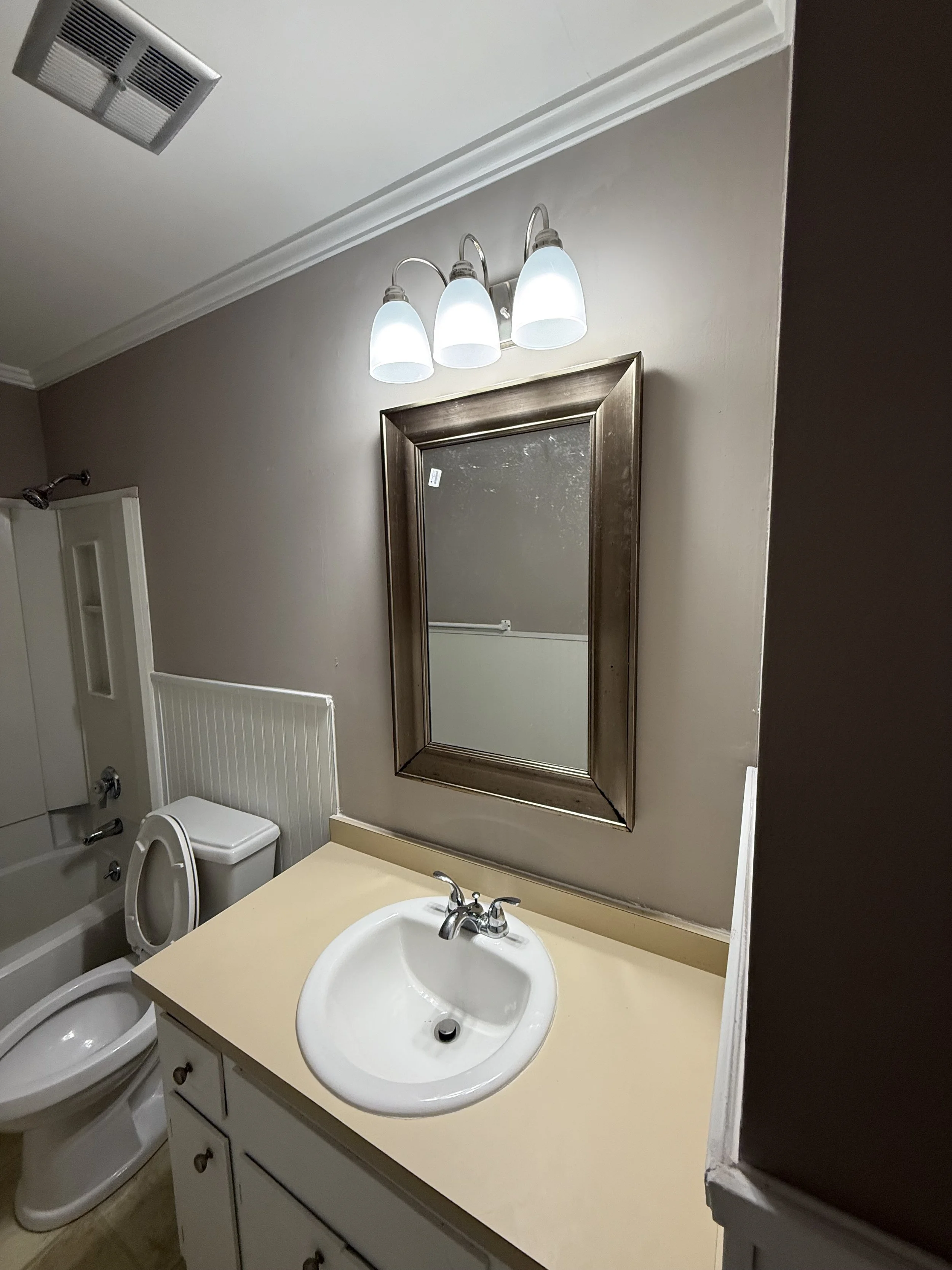 Bathroom with a beige countertop sink, mirror, light fixture with three lights, toilet, and bathtub in the background.