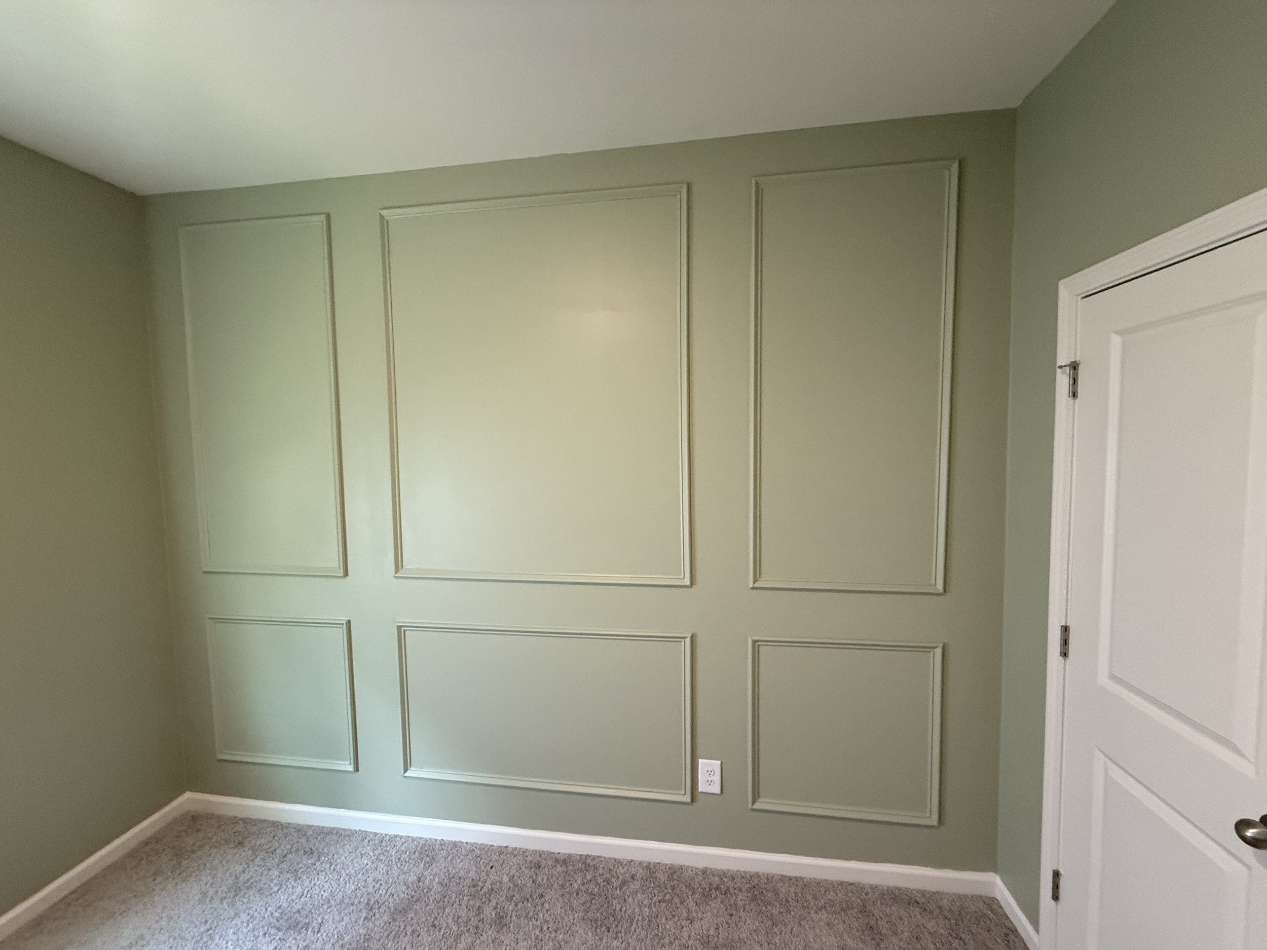 Empty room with light green walls, decorative wall paneling, beige carpet, and white door.