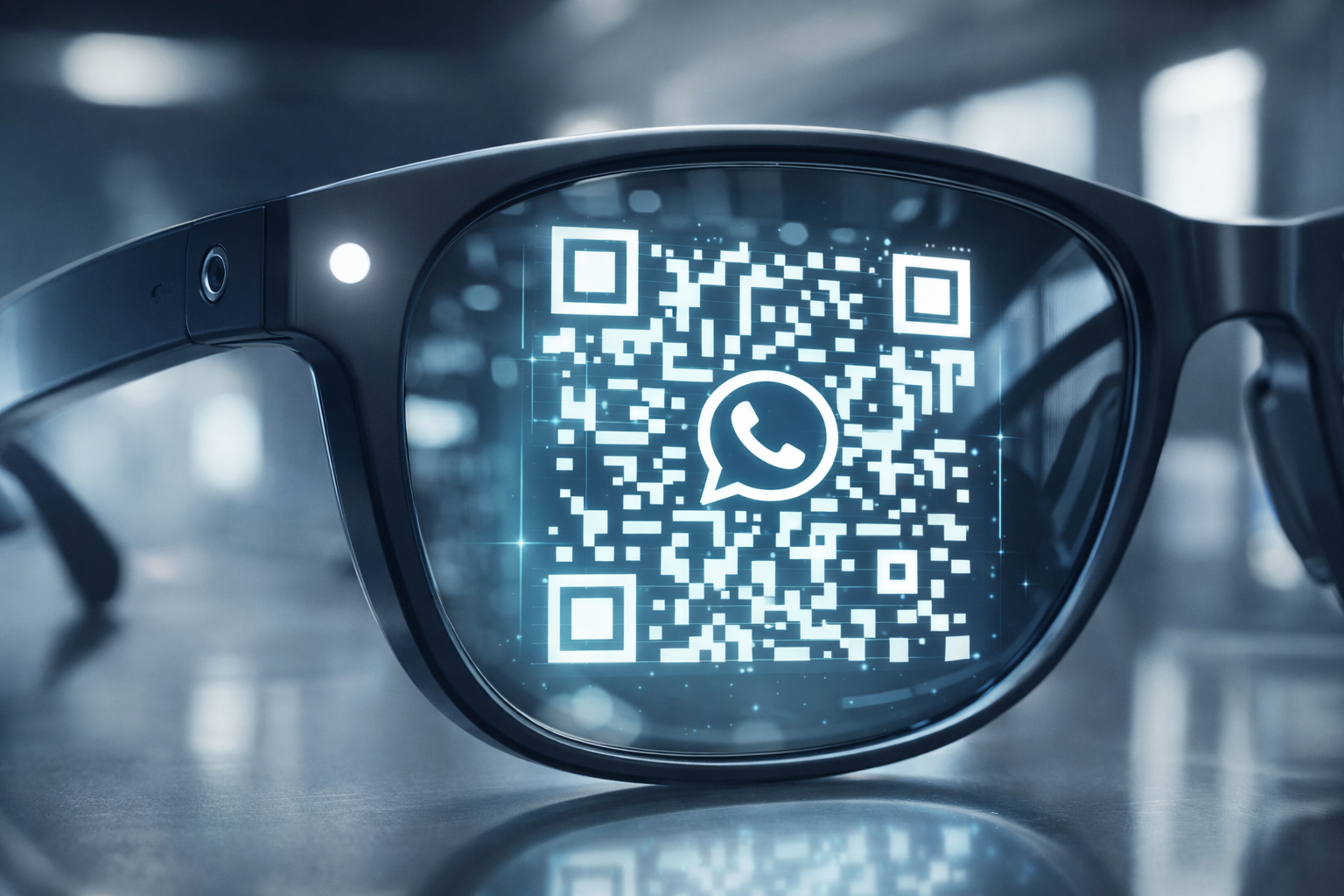Close-up of black digital glasses displaying a QR code with the WhatsApp logo in the center, on a reflective surface in a modern indoor setting.
