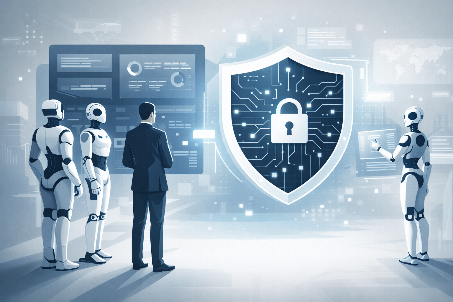 A digital illustration of four robots and one human in a futuristic setting, observing a large shield with a lock symbol representing cybersecurity or digital security, with various screens and digital data in the background.