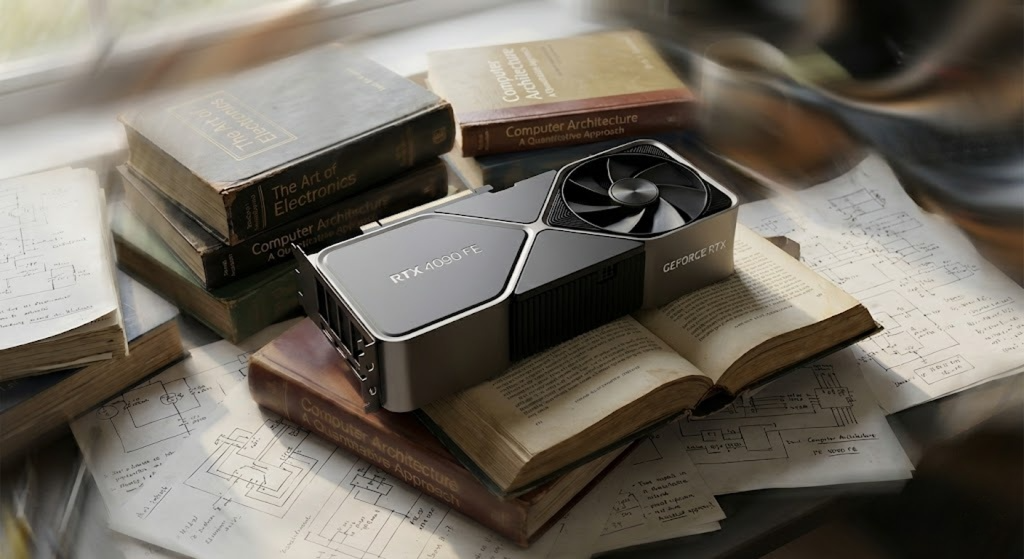 A computer graphics card labeled 'RTX 4090 FE' and 'GEFORCE RTX' resting on open and closed technical books with circuit diagrams and schematics on a cluttered table.