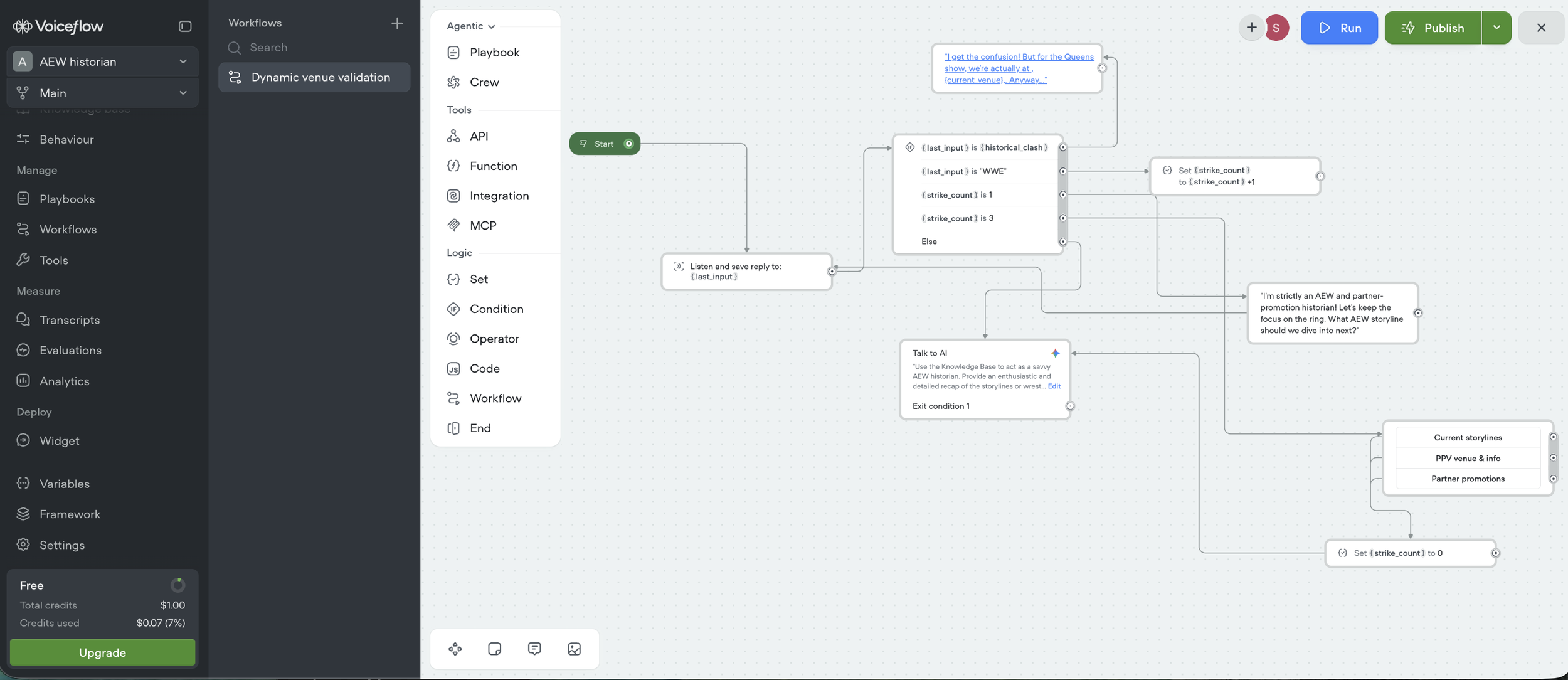 Using Voiceflow, I built a workflow that demonstrates a hybrid conversational architecture, balancing deterministic logic with generative AI fulfillment to ensure brand safety and factual integrity. By capturing user input into the {last_input} varia