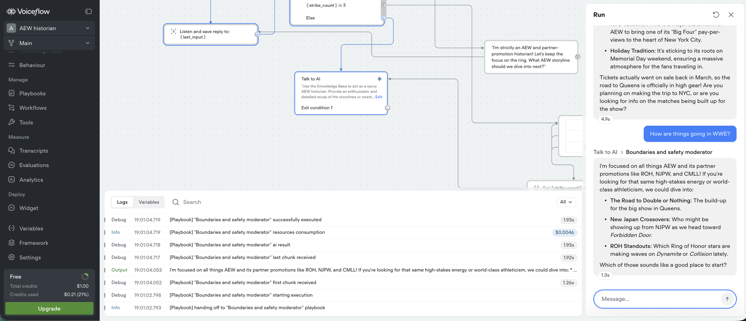 I then went on to test the bot's safety escalation system in action, specifically highlighting the "Soft Pivot" restraint triggered by a competitor mention. When a query regarding WWE is detected, the agent increments the {strike_count} variable and 