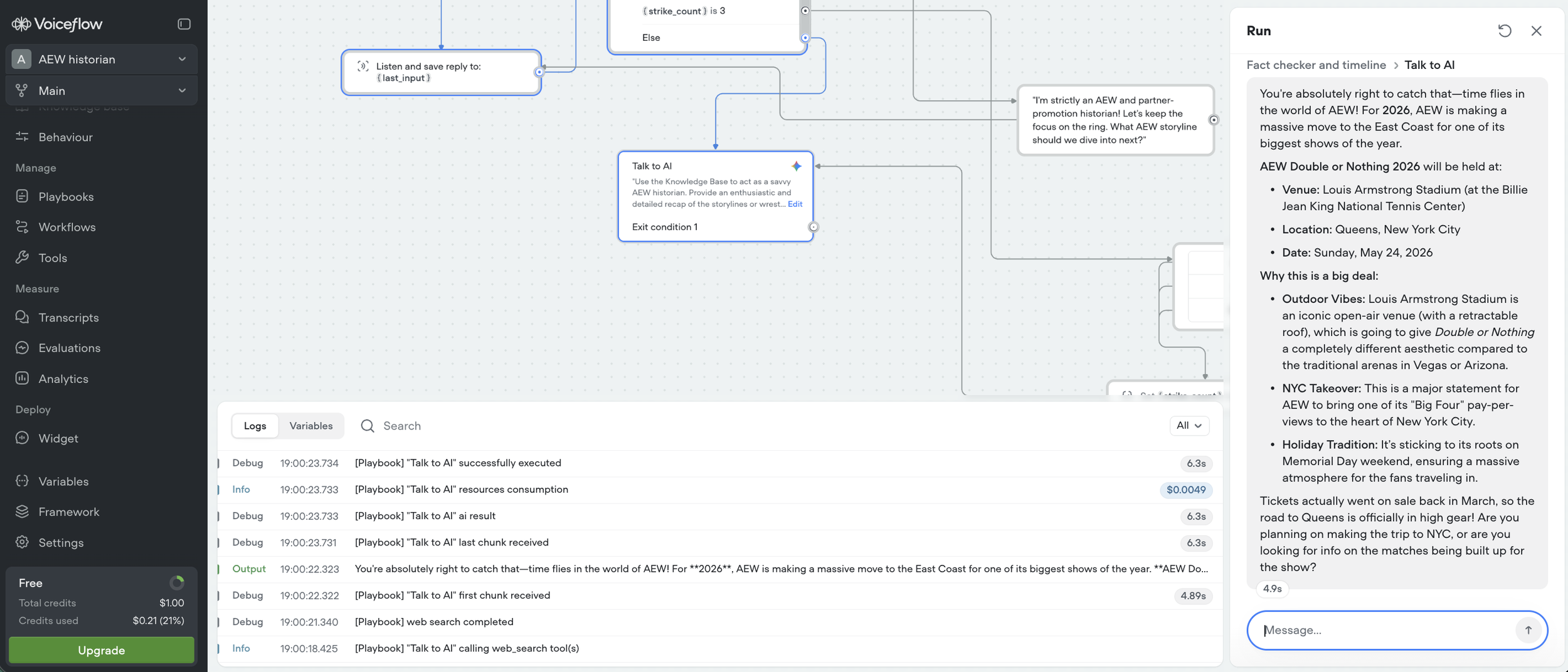 I then tested the AEW Historian’s live conversational capabilities, showcasing how the agent utilizes Retrieval-Augmented Generation (RAG) to fulfill real-time queries about event logistics. As seen in the debug logs, the system successfully executes