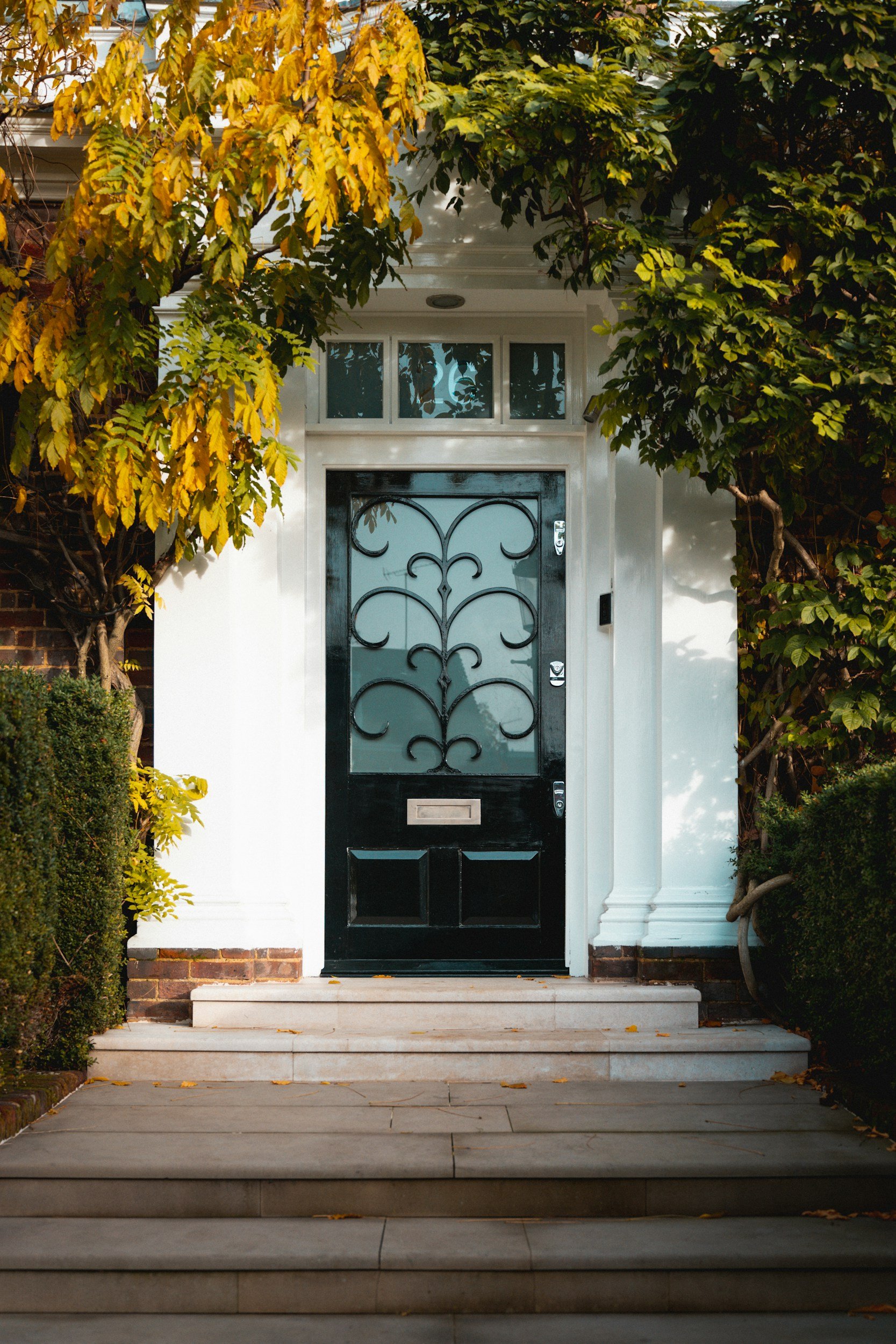 Front door of a house with black ornate security gate, white porch columns, and surrounded by yellow and green trees.