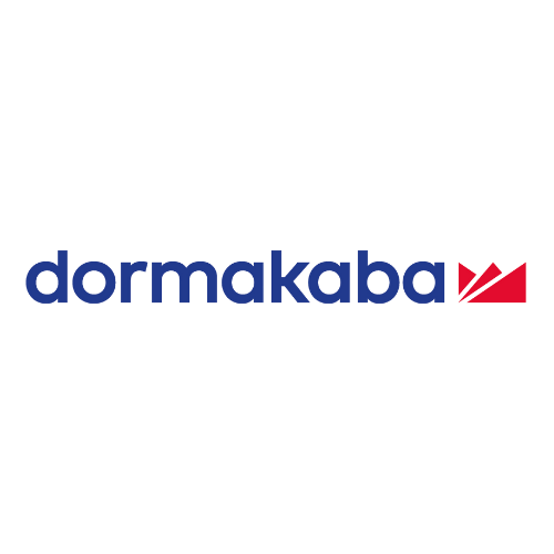 Dormakaba logo with blue text and red abstract symbol