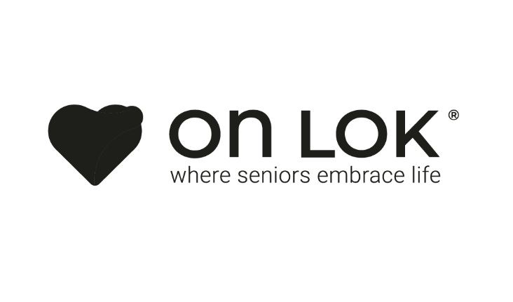 Logo of 'on LOK' with a heart symbol, and the tagline 'where seniors embrace life'.