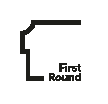 Black and white outline of a person's profile with the words "First Round" beneath