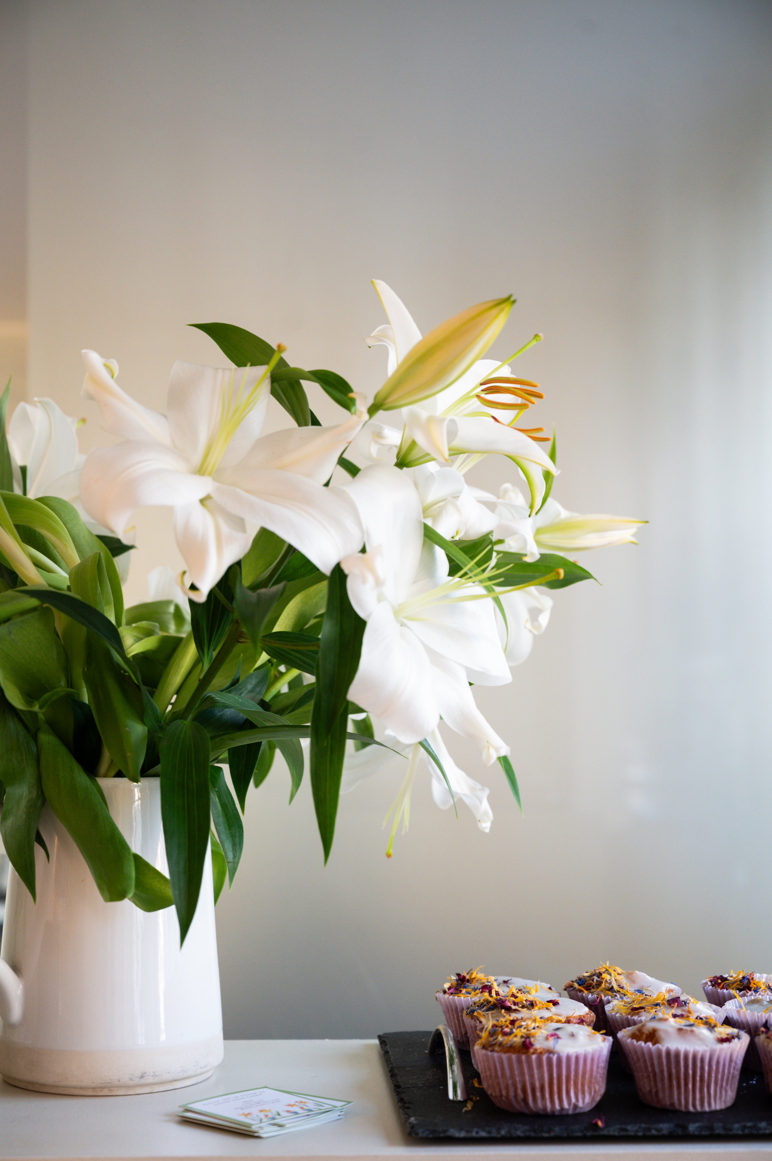 A close-up of a green potted plant with long, pointed leaves, partially obscured by an out-of-focus yellow object in the foreground, against a background of a white brick wall and a textured dark blue curtain.