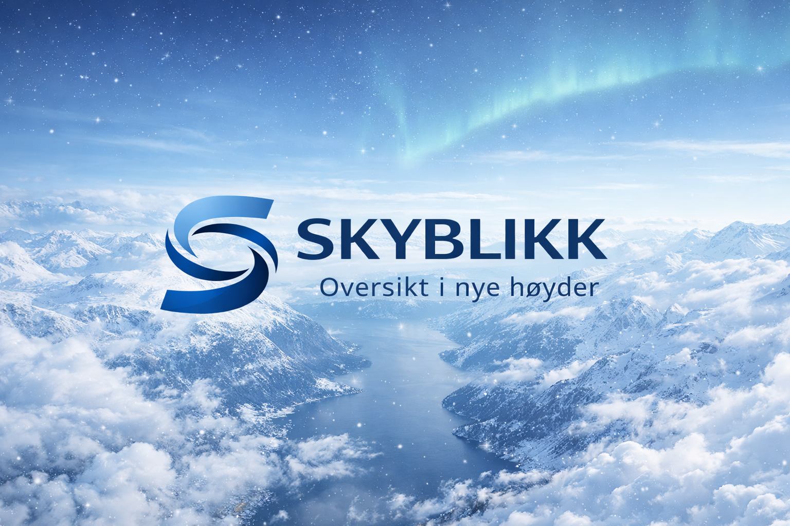 A digital graphic of snowy mountains under a starry sky with the Northern Lights, featuring a logo for SKYBLIKK and the Norwegian text "Oversikt i nye høyder".