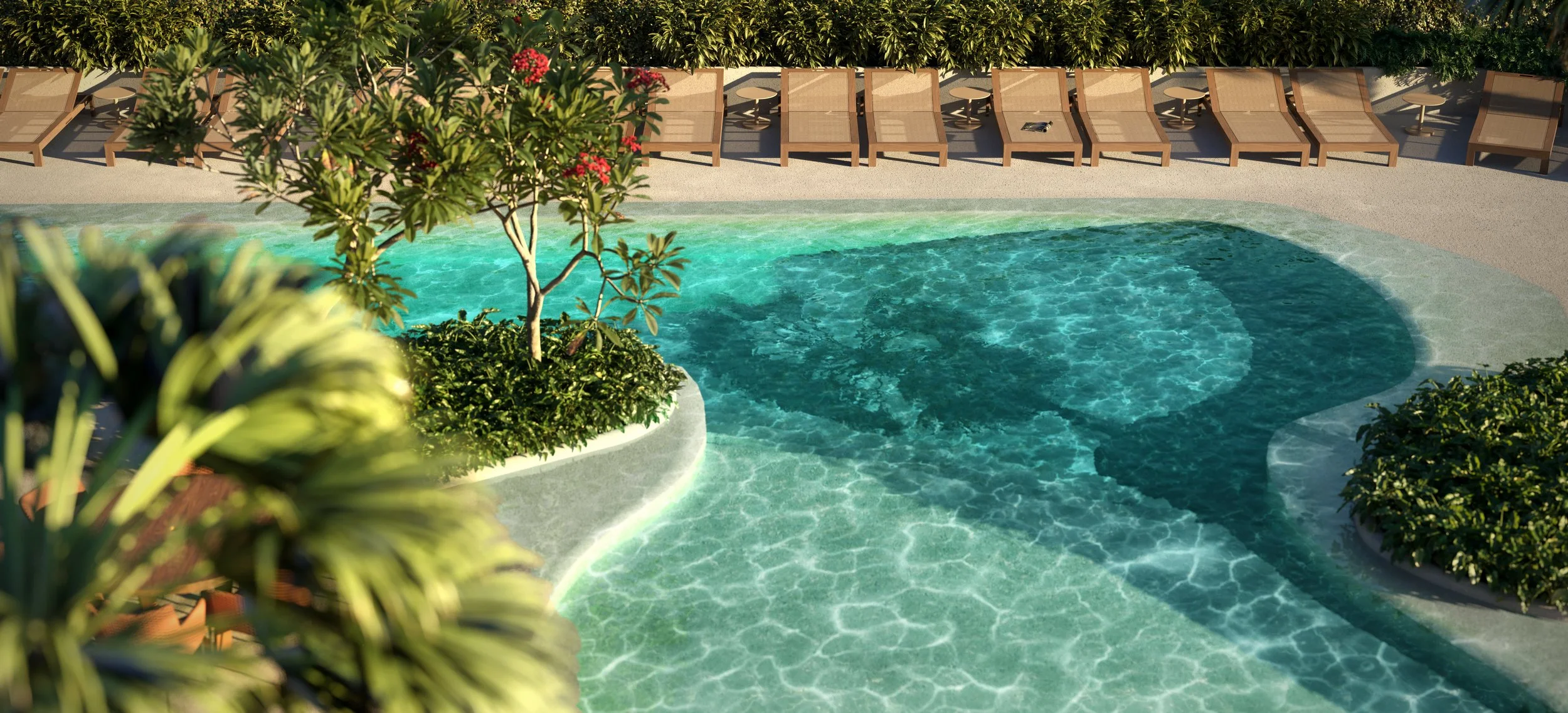 Piscina circular com águas transparentes, cercada por plantas e árvores, com cadeiras de descanso ao redor.