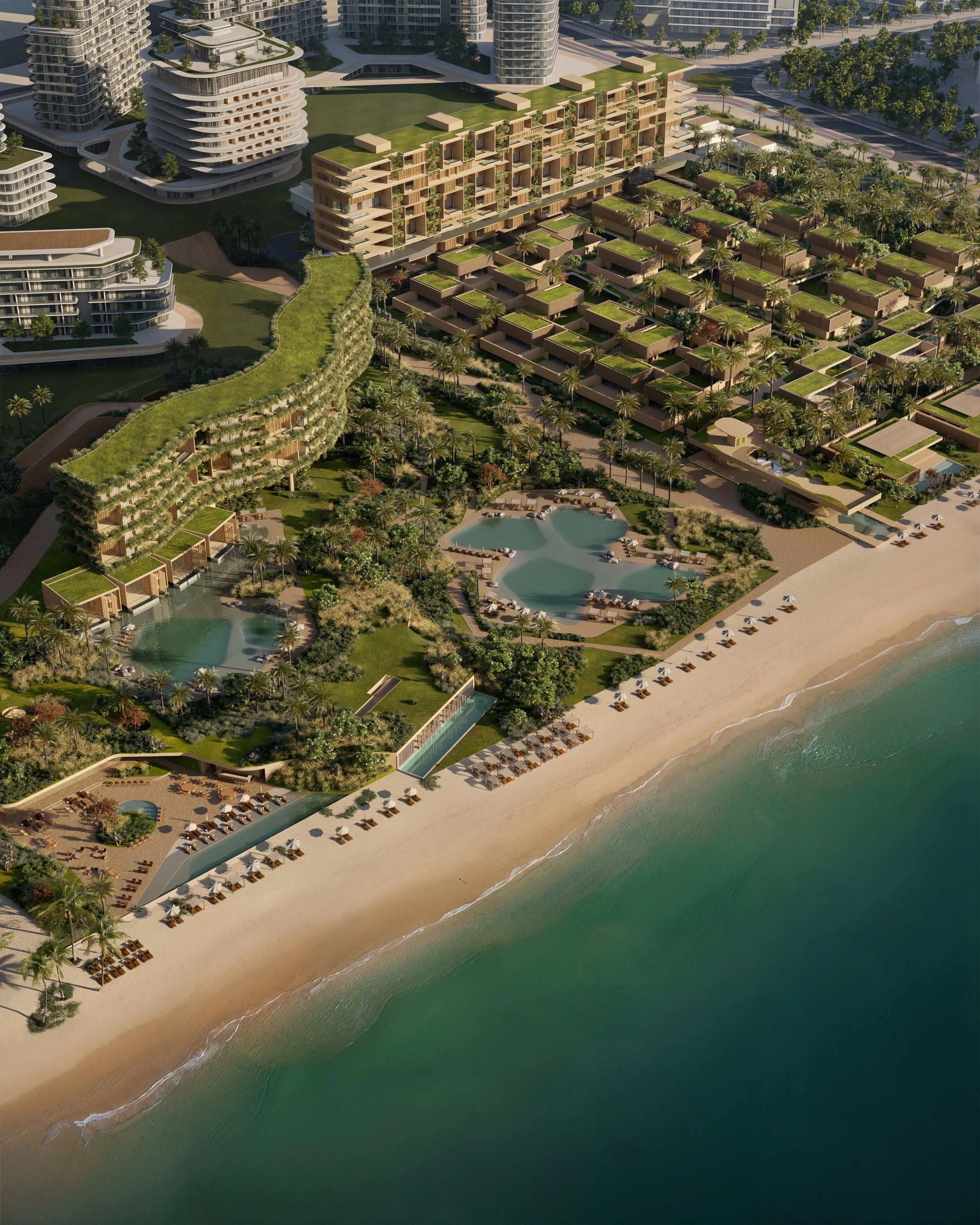 Imagem de um resort em Dubai à beira-mar com piscinas, cabanas, palmeiras e edifícios modernos ao fundo.