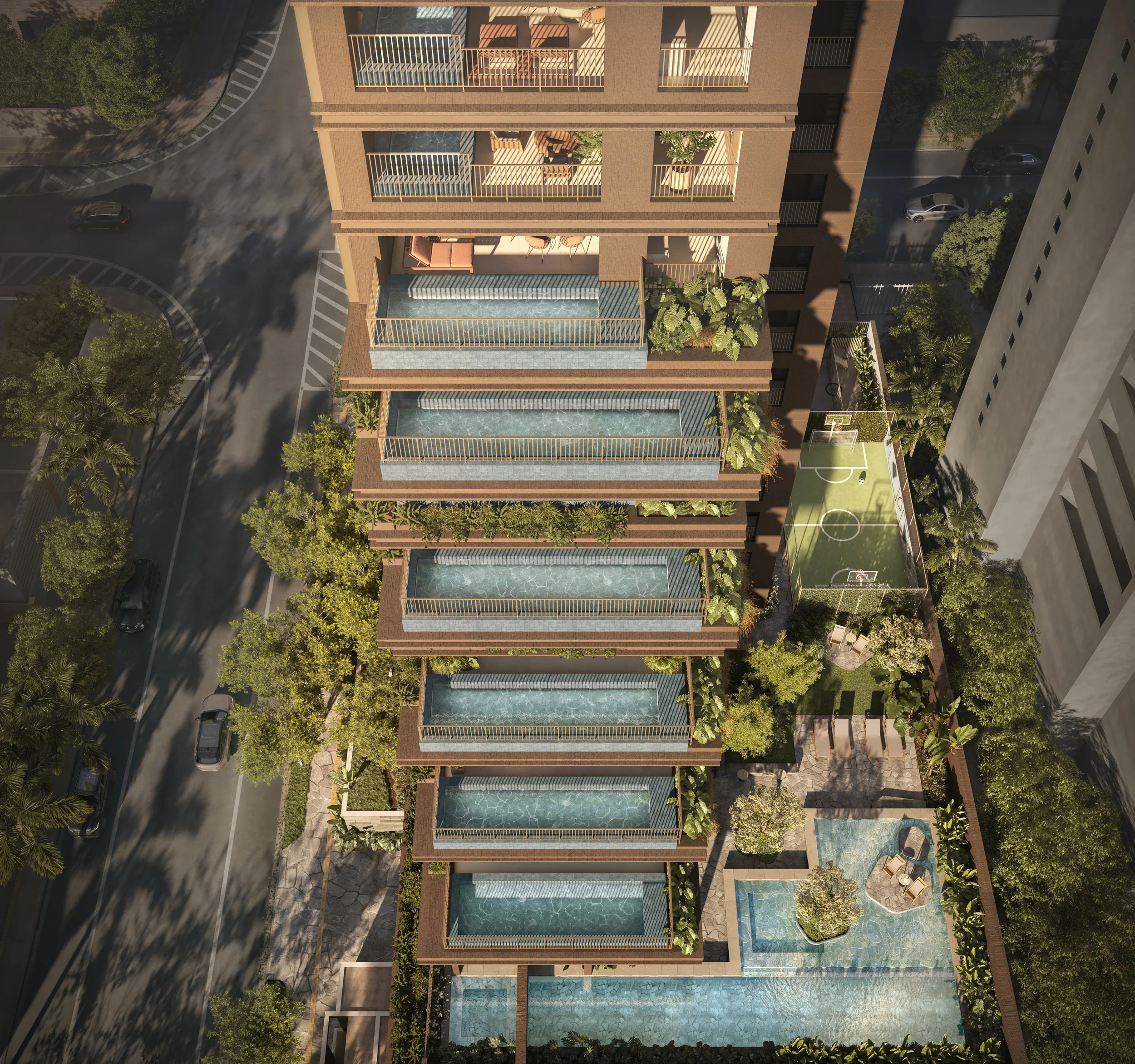 Vista aérea de um prédio residencial com vários apartamentos, cada um com uma piscina na varanda. Ao lado, uma quadra de tênis e uma área de lazer com piscina, jardim e móveis ao ar livre.