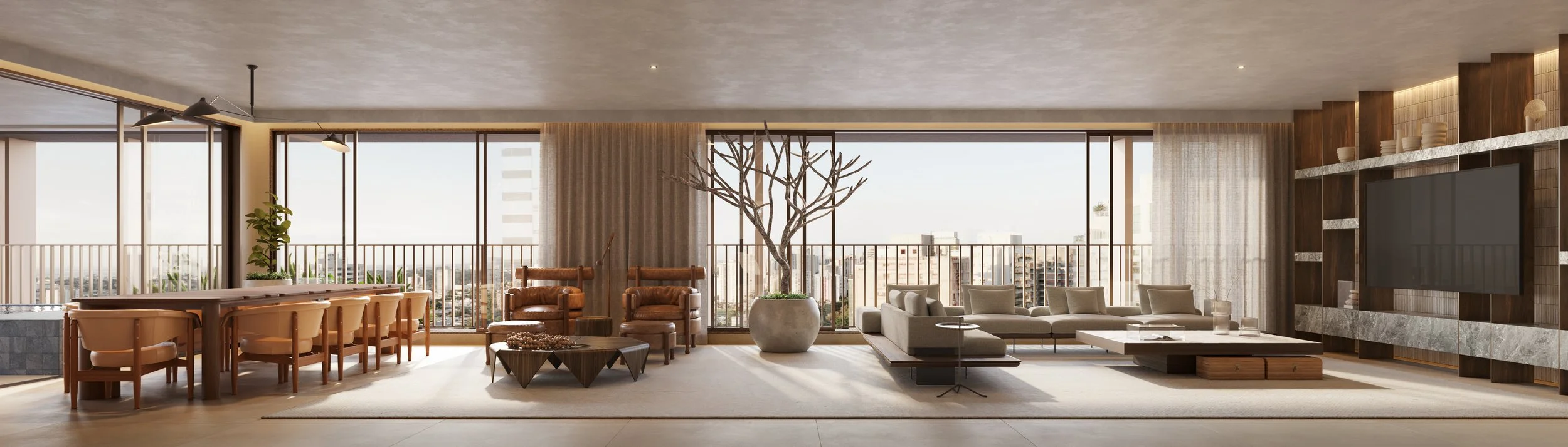 Sala de estar moderna com janelas grandes, móveis de couro, sofá branco, cadeiras de couro, mesa de centro, uma árvore decorativa em um vaso grande, armário com televisão, e cortinas transparentes.