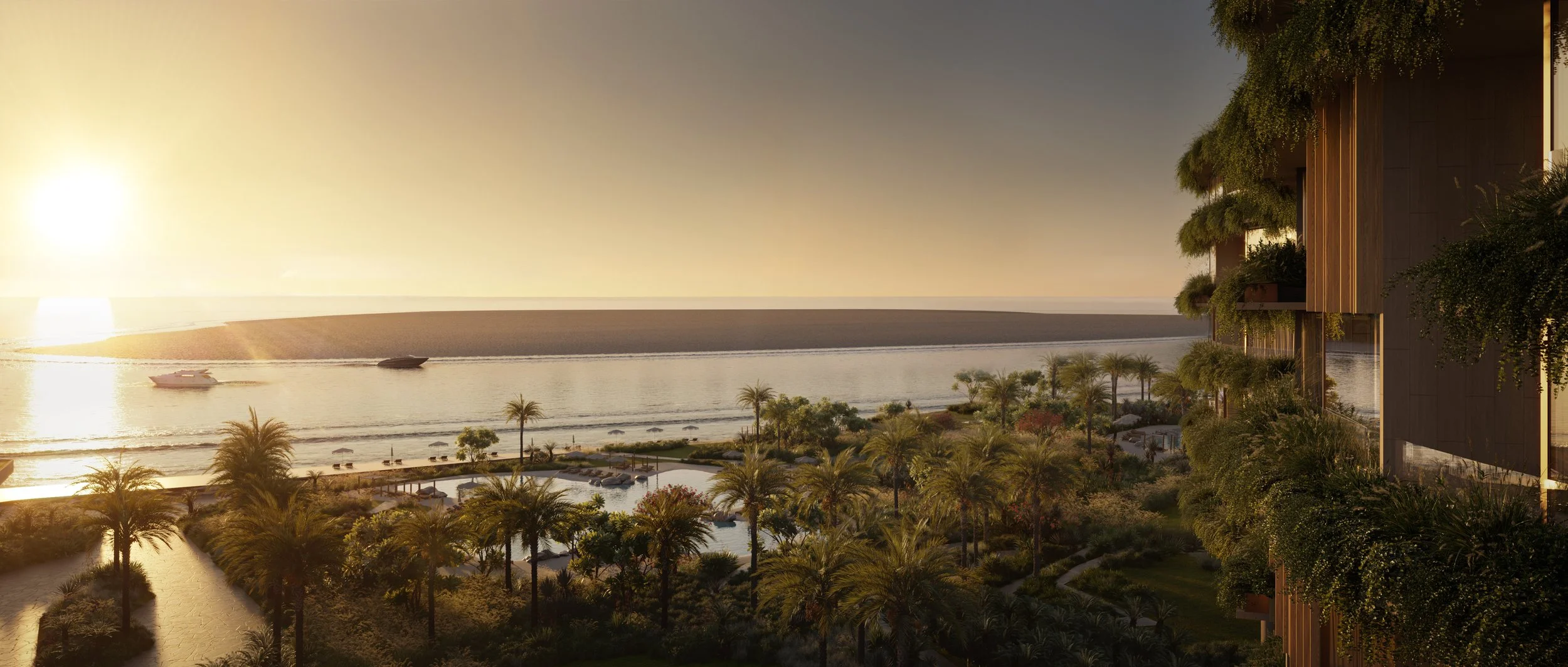 Hotel de frente para a praia em Dubai com jardim tropical e coqueiros ao pôr do sol