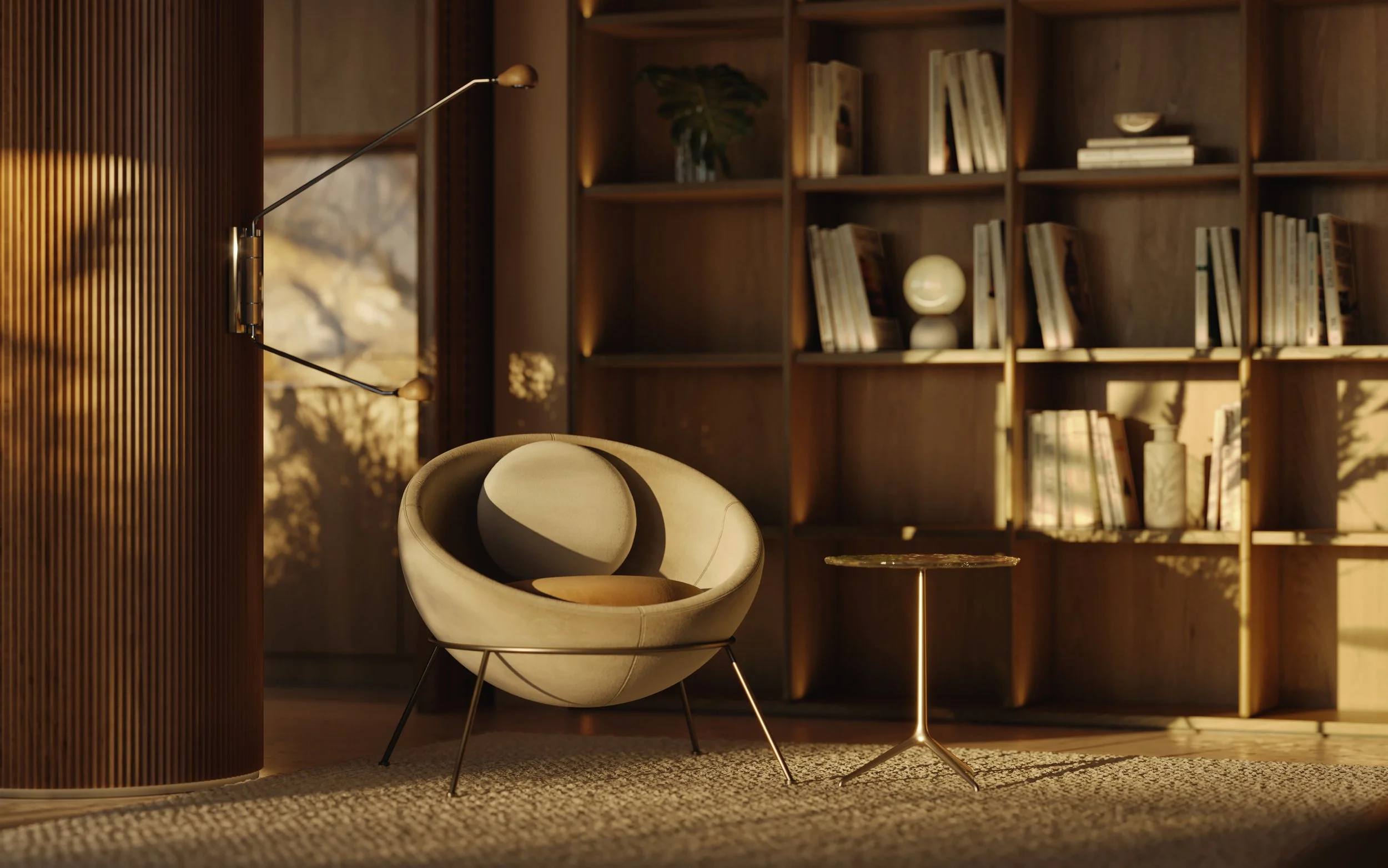 Sala de leitura com poltrona moderna, estante de madeira com livros e iluminação suave.