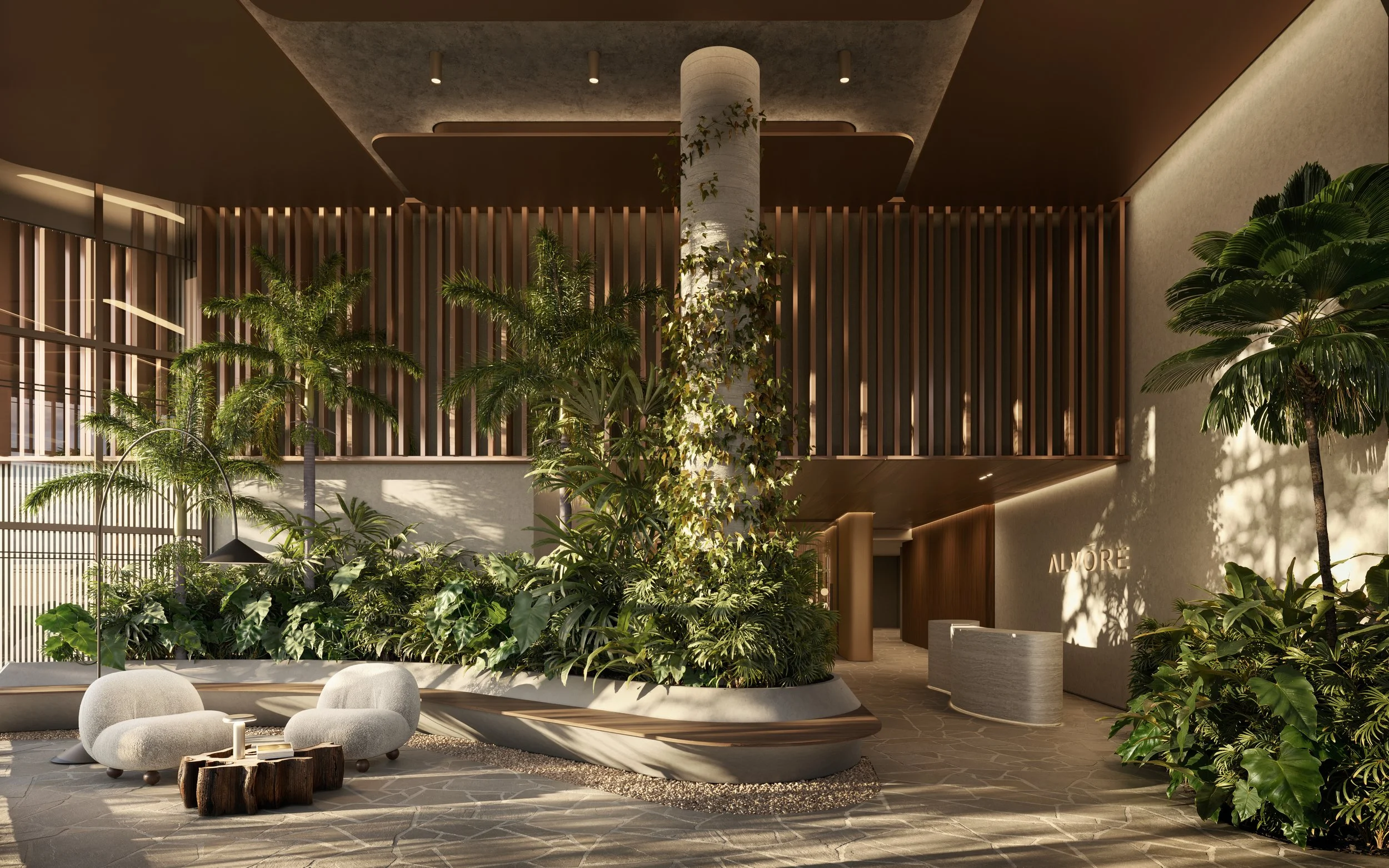 Lobby moderna com plantas, móveis confortáveis e decoração elegante