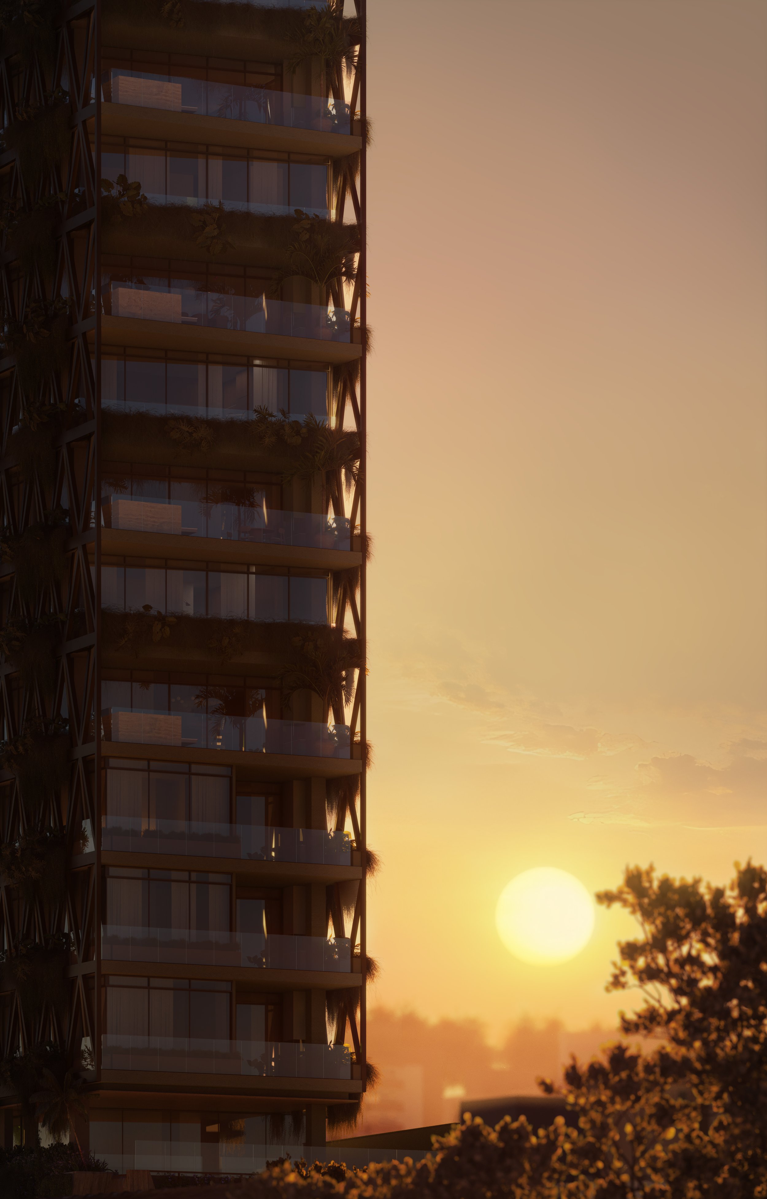 Vista de um edifício moderno à noite, com várias janelas iluminadas e varandas com plantas, ao pôr do sol, com o sol visível no horizonte e árvores ao redor.