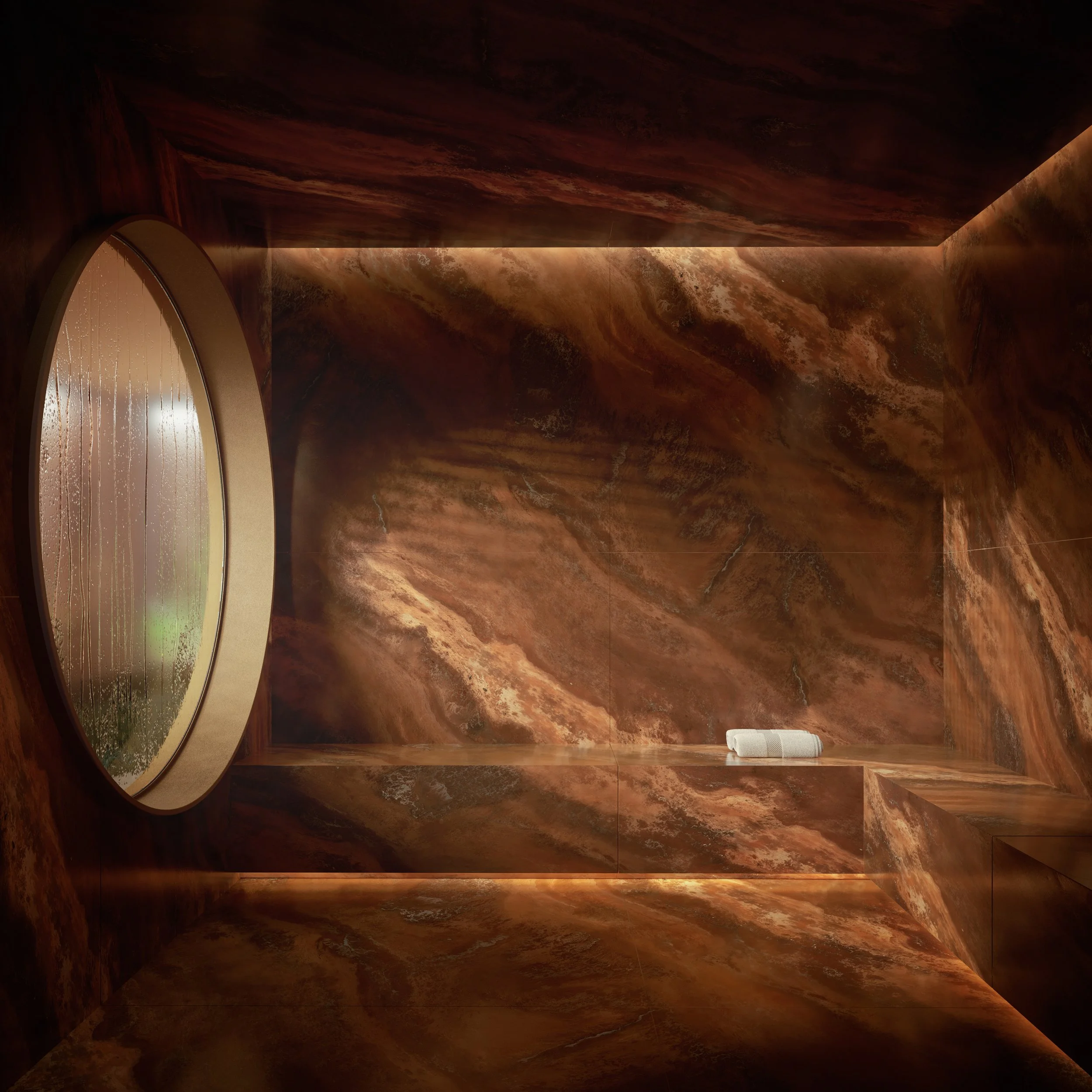 Banheira de banjo com revestimento de mármore marrom, vista de dentro, com janela oval ao lado com gotas de água na superfície.