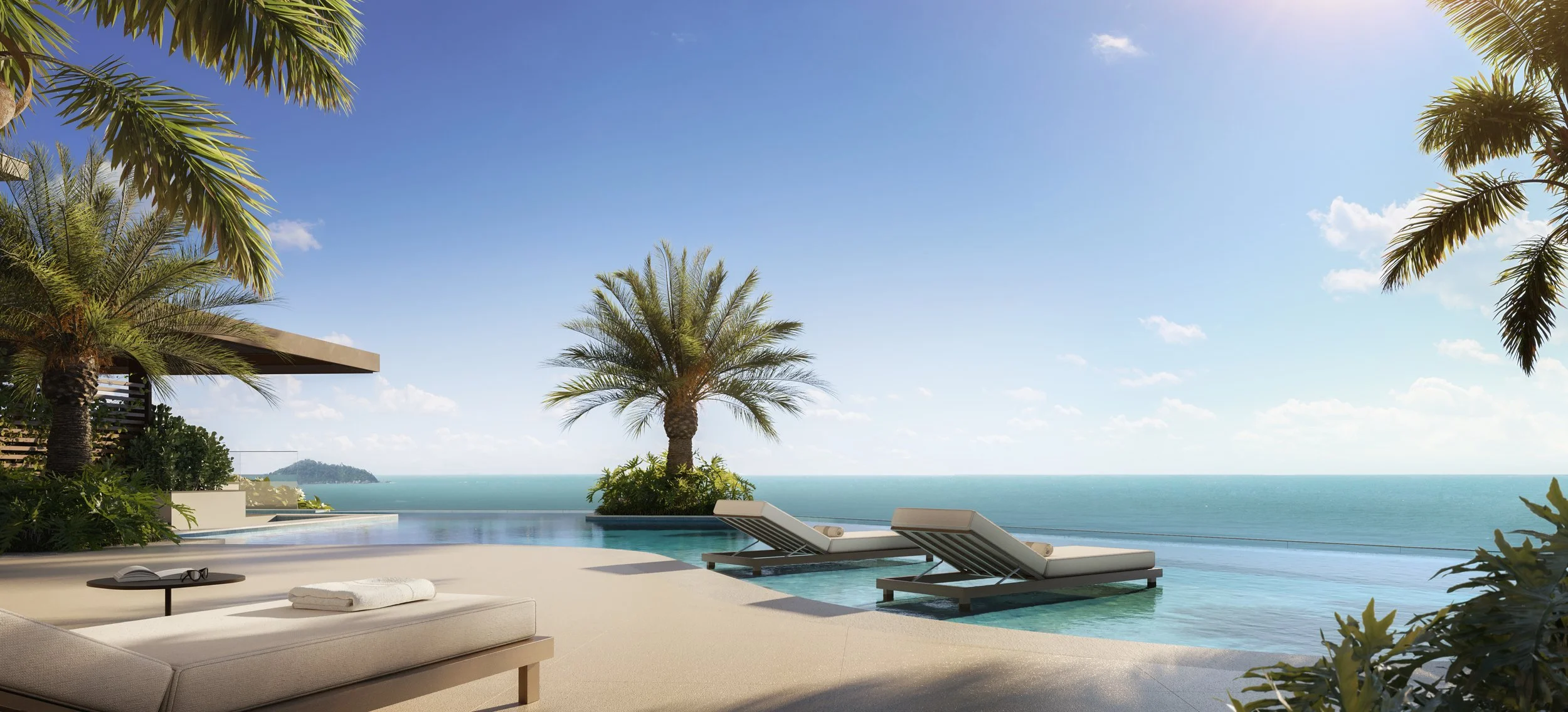Piscina de borda infinita com espreguiçadeiras, coqueiros e vista para o oceano sob céu claro.