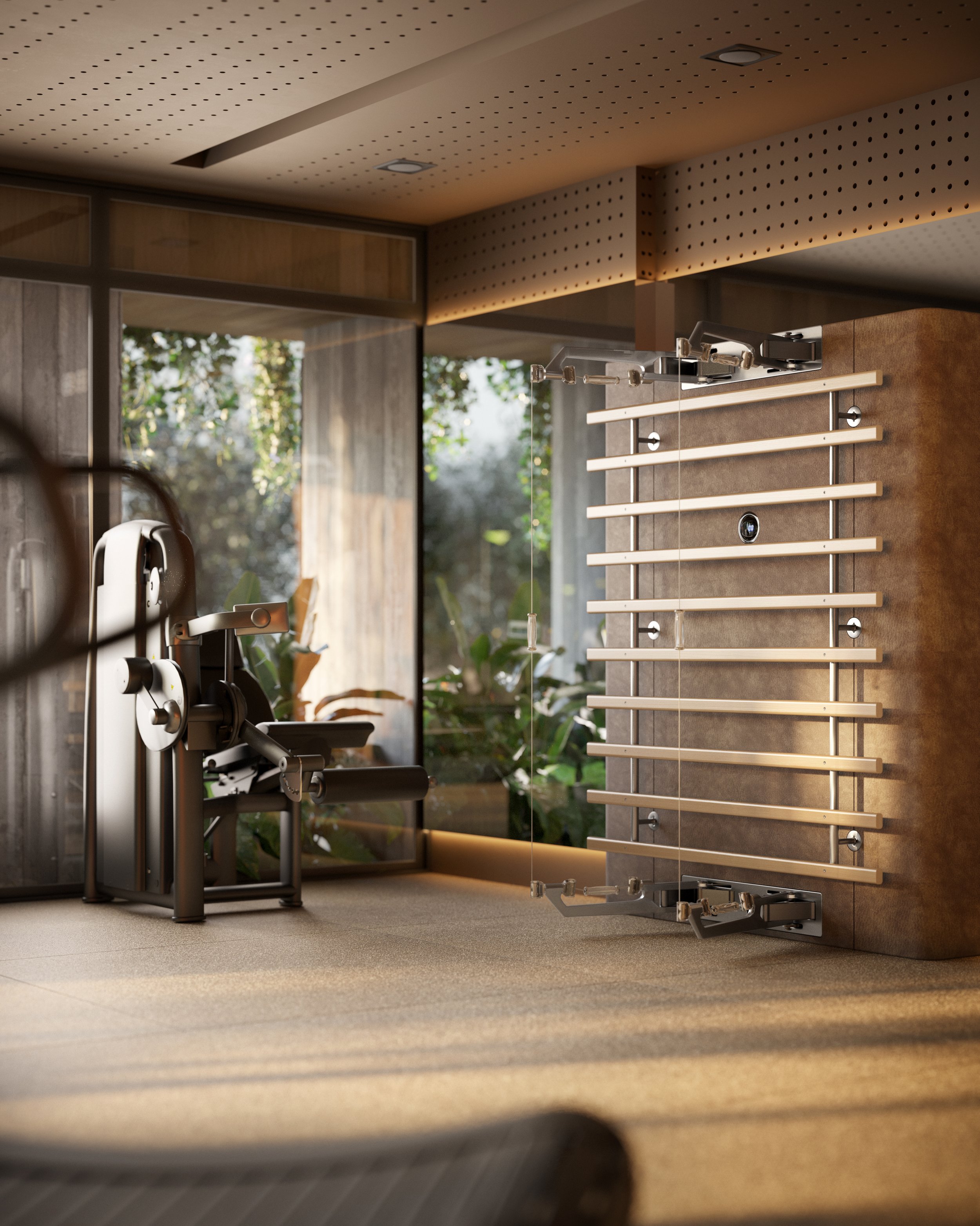 Academia com equipamento de musculação, parede de vidro com vista para vegetação, piso de carpete, iluminação moderna, e painel de madeira ao fundo.