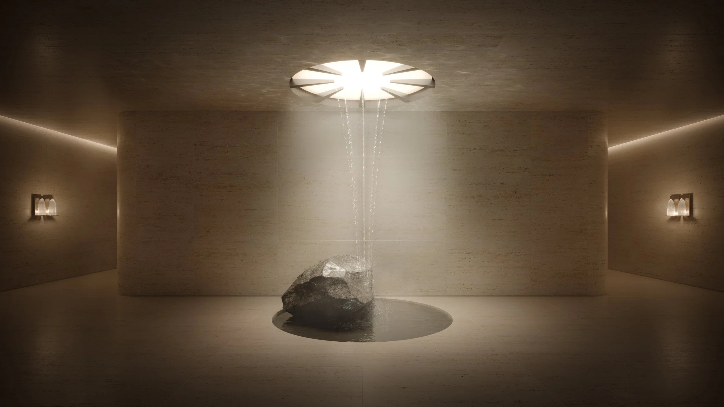 Sala minimalista com parede de tom bege, iluminação suave nas laterais e teto; fonte de água com pedra escura no centro, jorrando água do teto através de um buraco circular