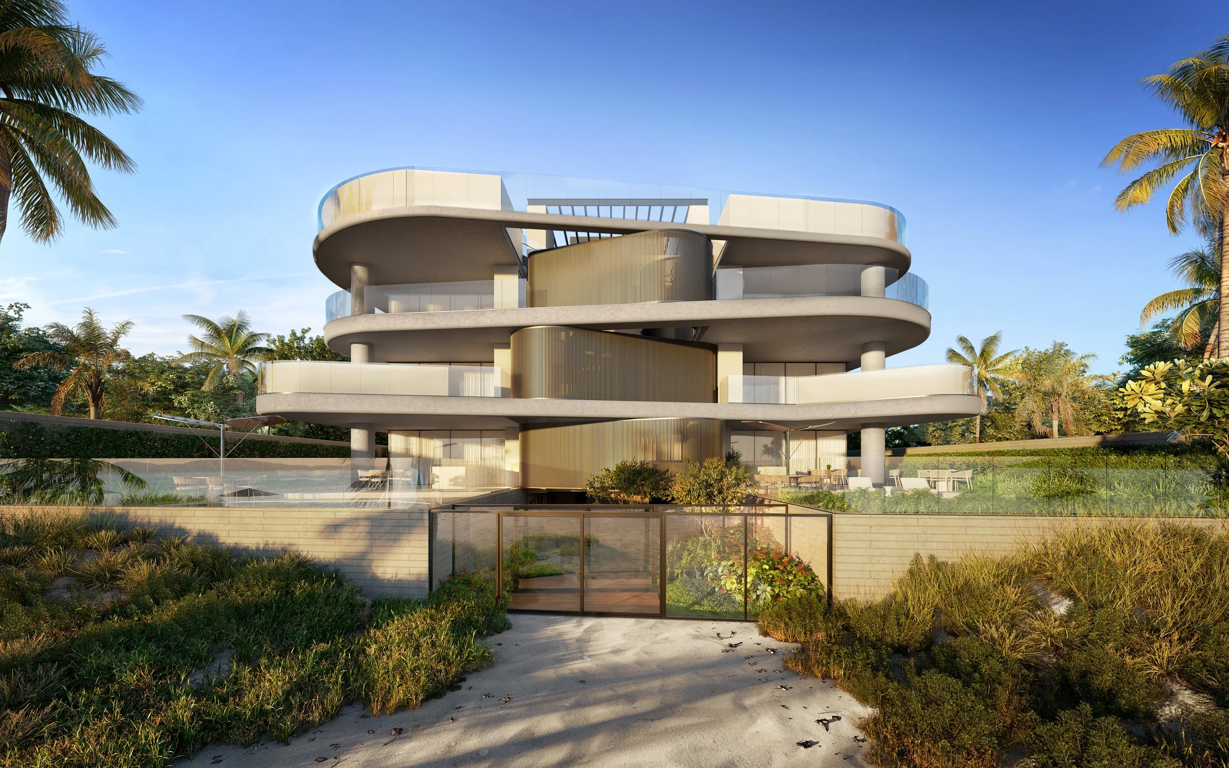 Prédio futurista de vários andares com estrutura de concreto e vidro, cercado por vegetação tropical e árvores, sob céu claro.