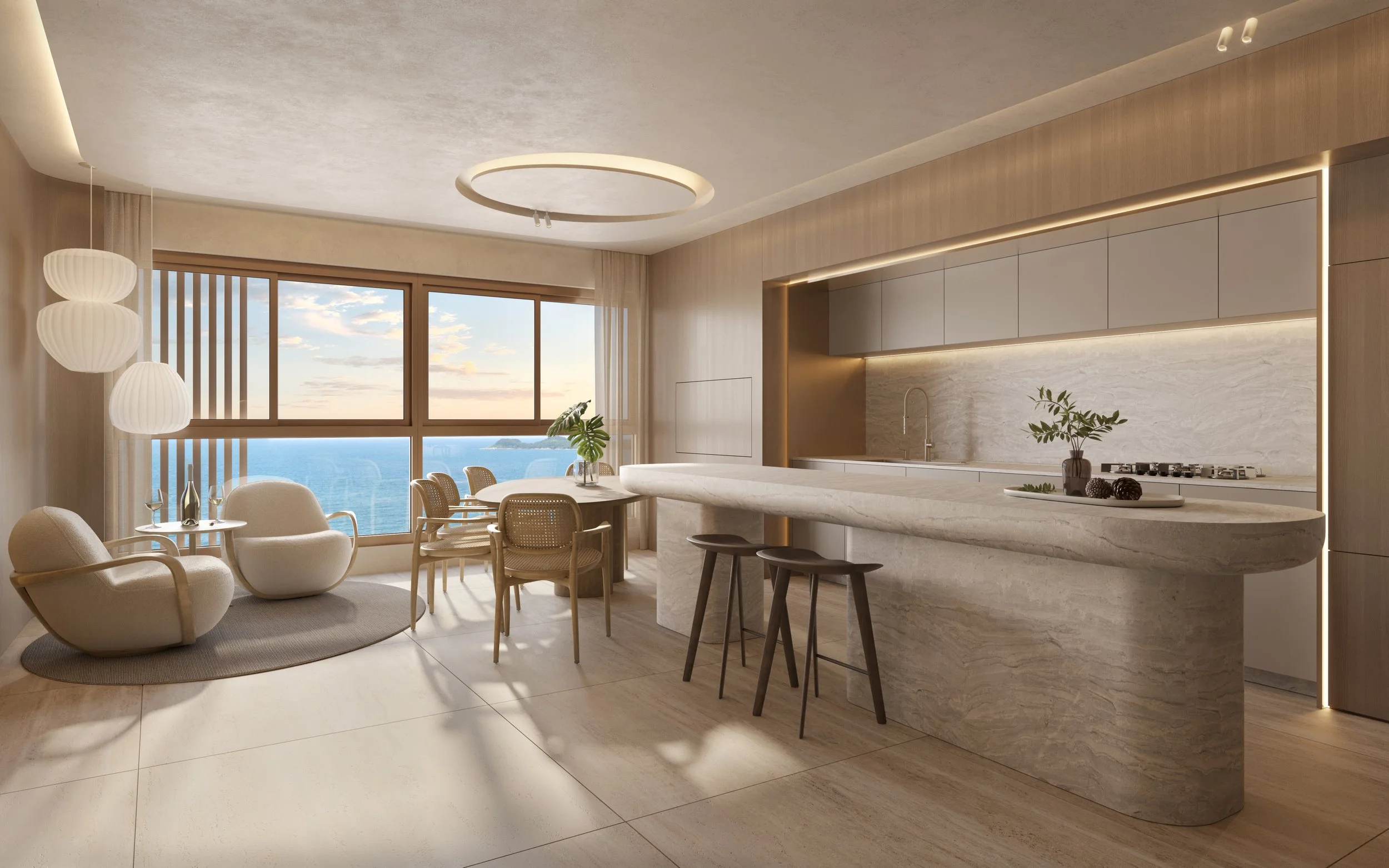 Sala de estar e cozinha moderna com móveis brancos e bege, janelas grandes com vista para o mar, iluminação suave, decoração minimalista com plantas e acessórios de mesa.