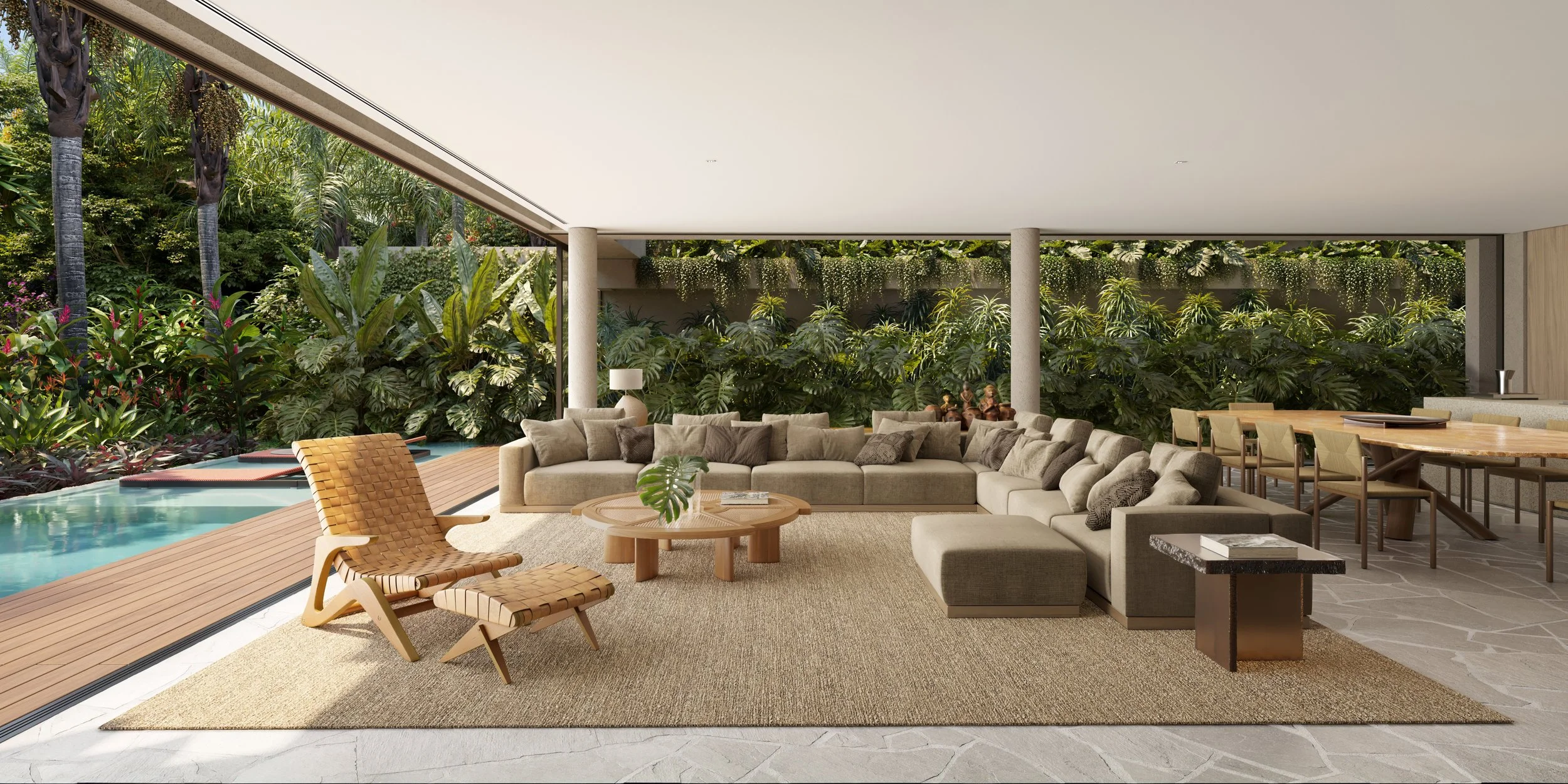 Sala de estar moderna com sofá grande na Praia da Baleia em São Paulo, poltronas de madeira, mesa de centro, área de lazer com piscina e jardim ao ar livre.