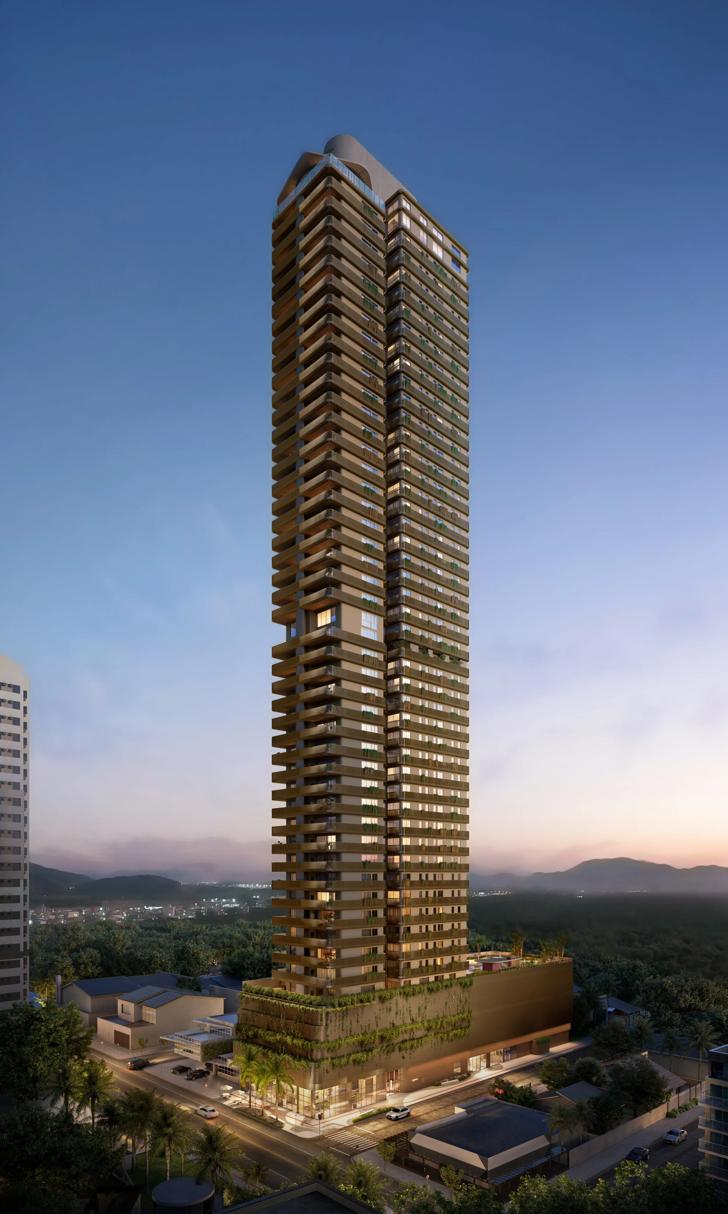 Prédio alto com design moderno em Itapema Santa Catarina, várias janelas, estrutura de concreto, com área de lazer na cobertura, situado em uma área com árvores e outras construções, ao entardecer.