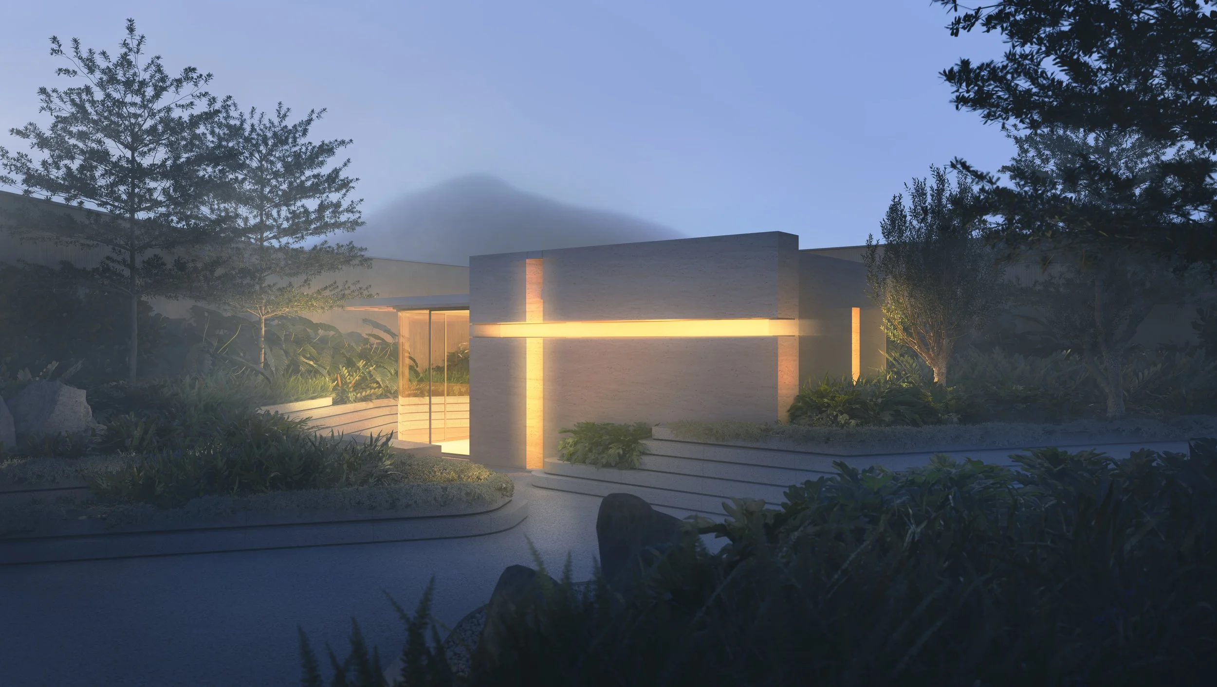 Renderização de um edifício moderno com iluminação suave, cercado por vegetação e árvores, com uma montanha ao fundo ao amanhecer ou entardecer.