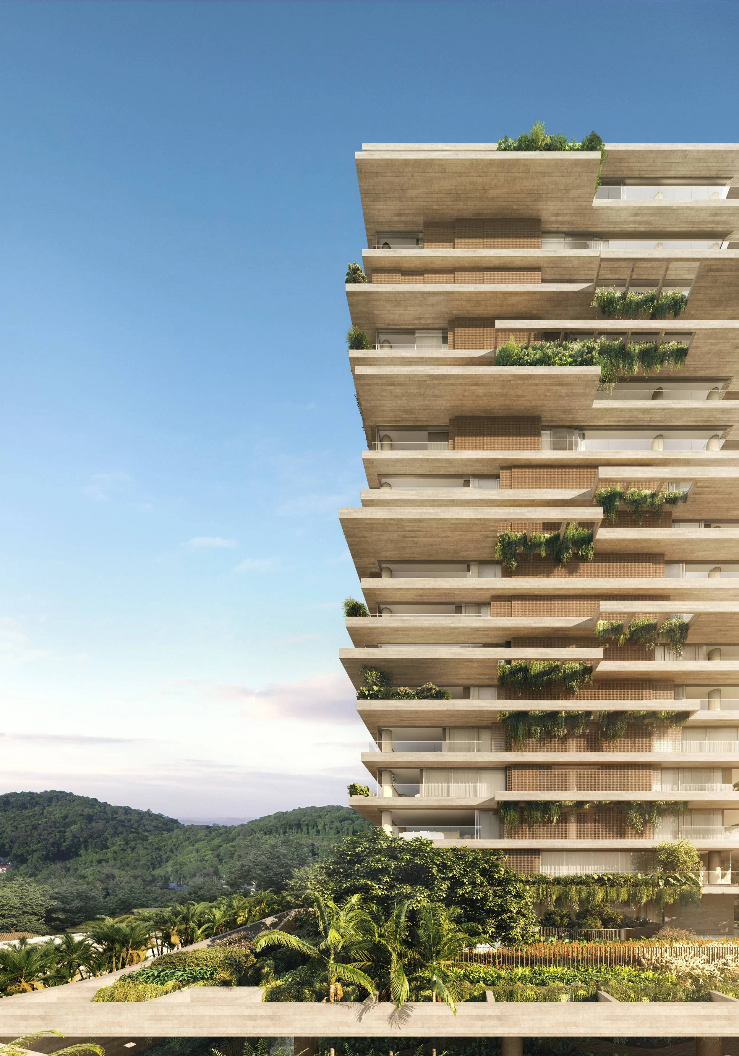 Edifício residencial assinada por Arthur Casas com várias varandas com plantas, sob céu azul, com área verde ao redor.