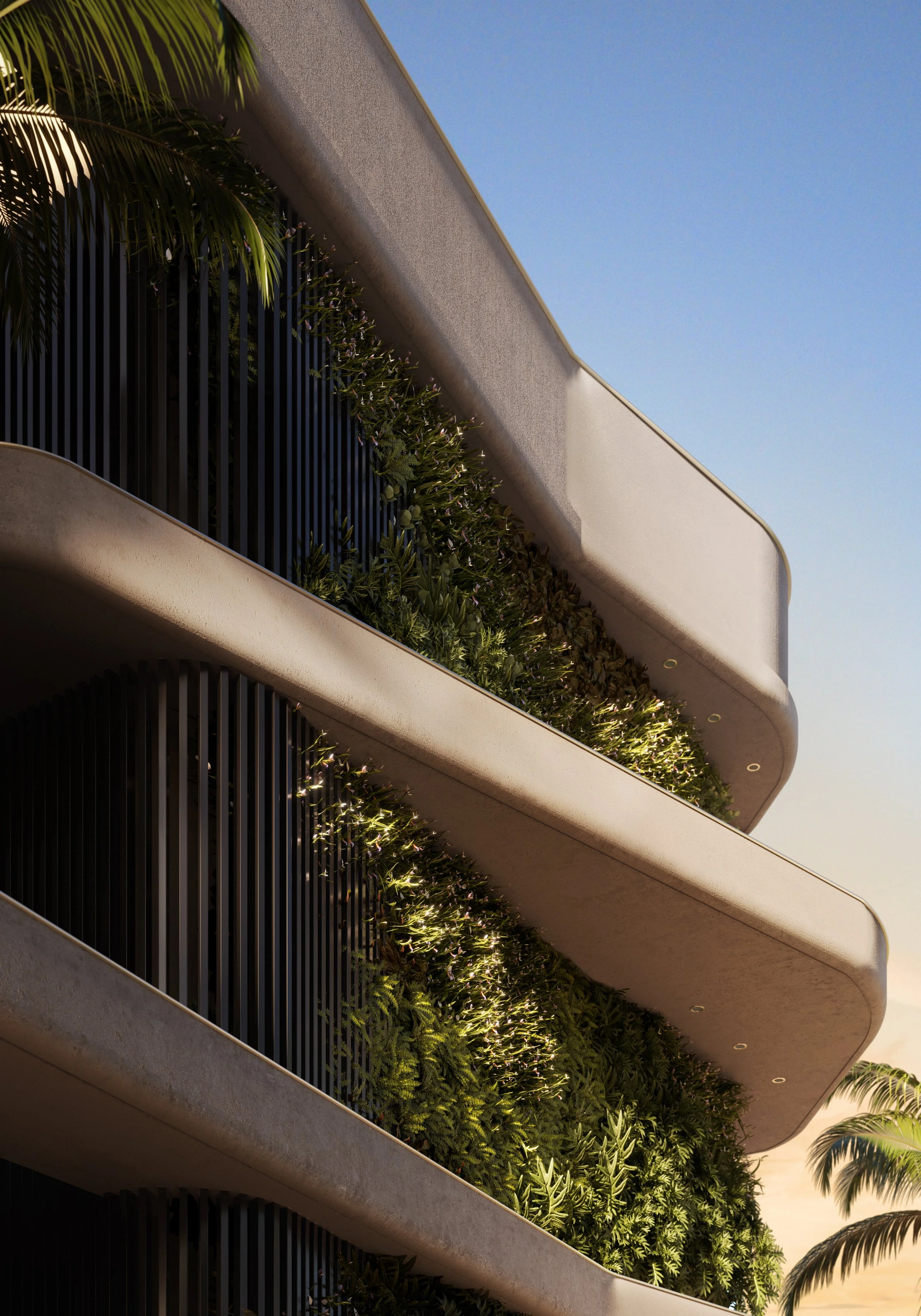 Fachada de um prédio moderno com dois andares visíveis, decorada com vegetação e iluminação, ao lado de palmeiras, sob céu claro ao entardecer.