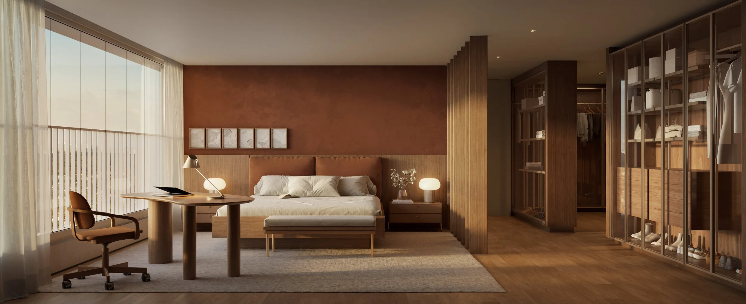 Quarto de hotel com decoração moderna, parede marrom, cama de casal, mesas de cabeceira com luminárias, mesa de trabalho com cadeira, closet organizado com roupas e sapatos, piso de madeira e muita luz natural.