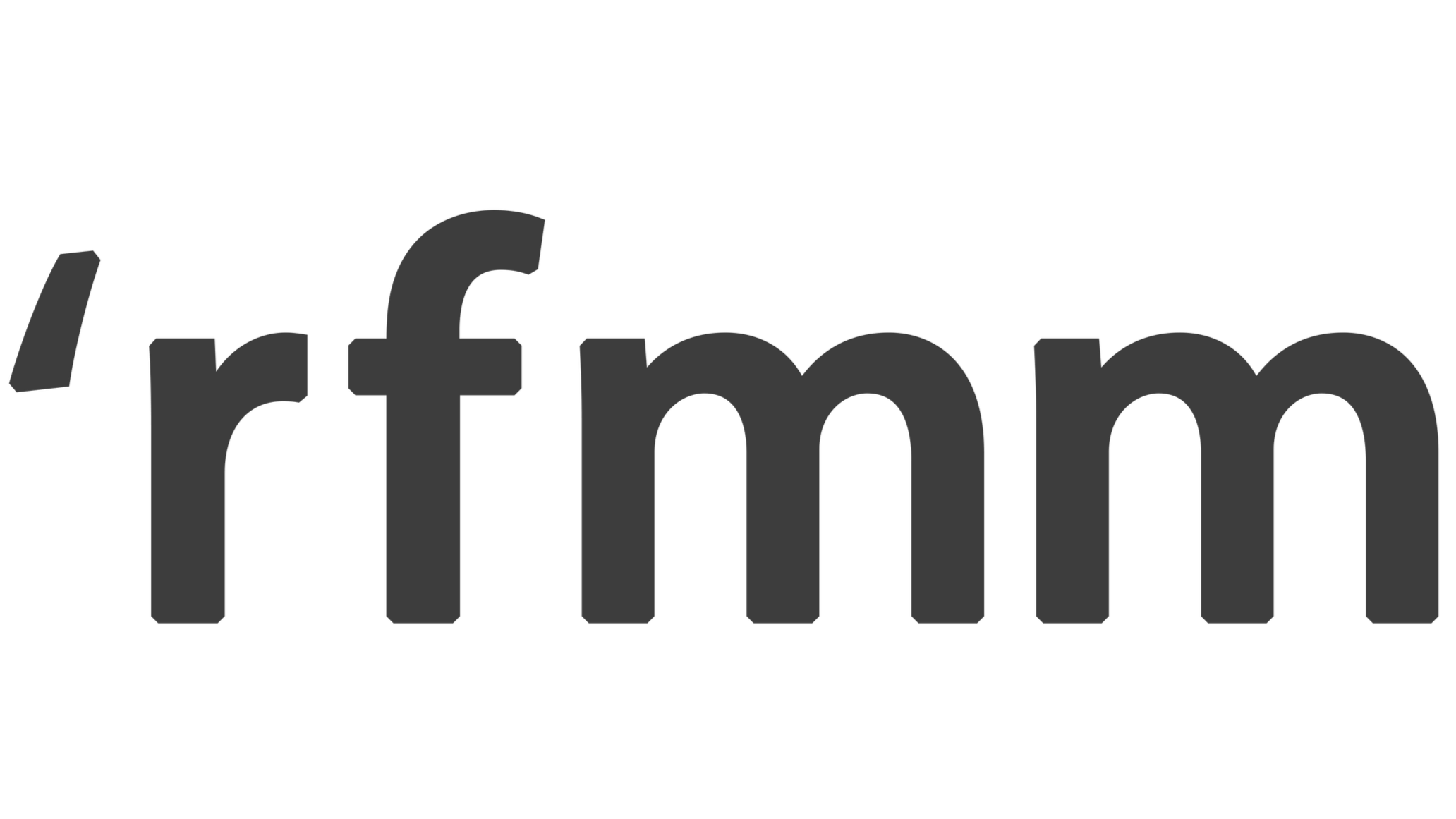 Imagem com texto em fundo preto dizendo 'rfmm, com a estrutura do logo da marca