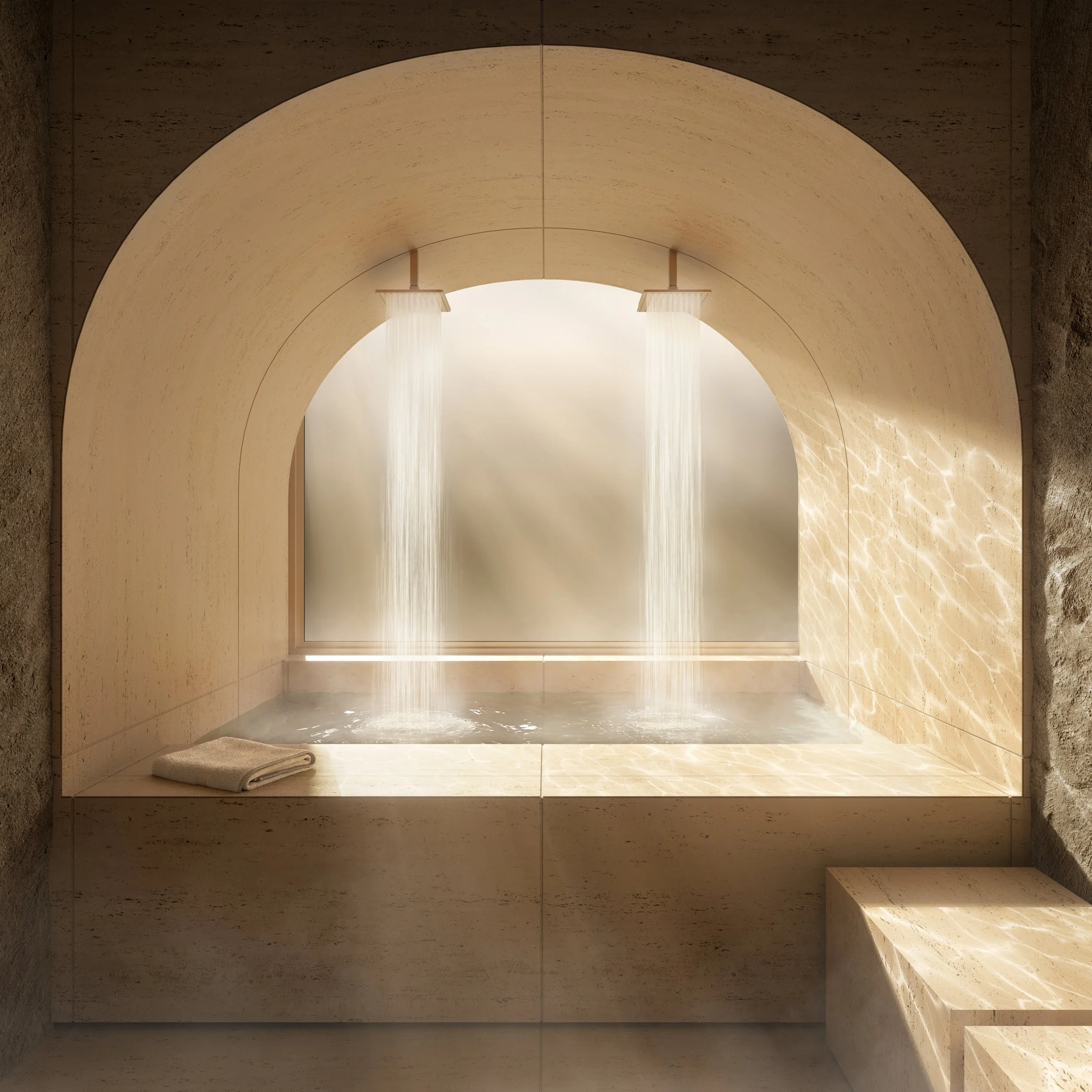 Banho com fonte de água ao estilo spa, com ducha de teto, banho de água quente e ambiente de pedra