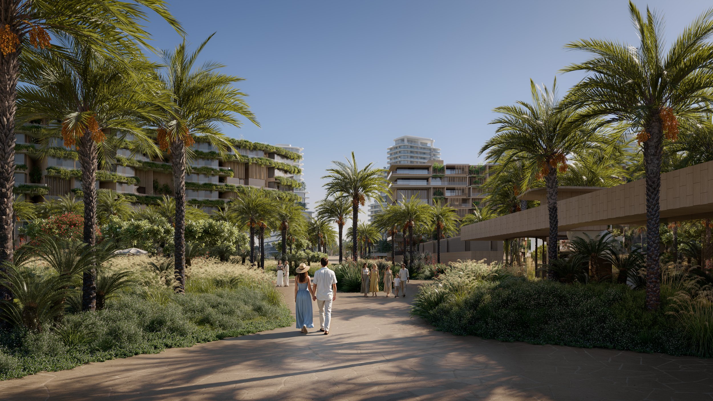 Vista de um ambiente ao ar livre em Dubai com palmeiras, grama, arbustos e um caminho de pedestres. Algumas pessoas caminhando e outras conversando, com edifícios modernos ao fundo sob um céu claro.