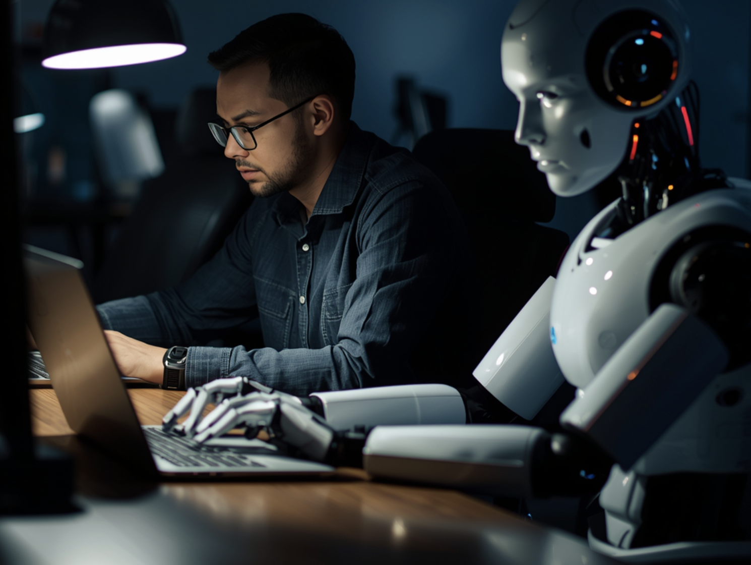 A man with glasses working on a laptop at a desk, next to a humanoid robot in a dimly lit room.