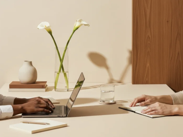 Two people sitting at a table during a meeting, with a laptop, notebook, and pen, in a room with a vase of white calla lilies, a glass of water, and a wooden wall.