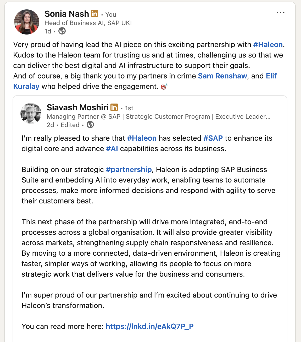 Screenshots of LinkedIn posts about a partnership between Haleon and SAP involving AI and digital transformation in business.