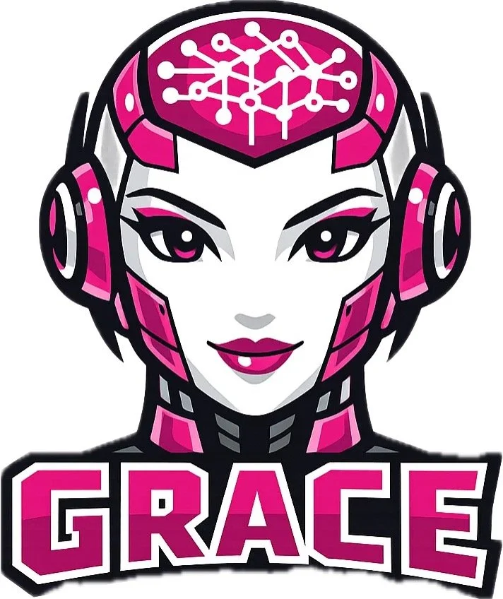 Illustration of a female robot with pink and black features, a circuit pattern on her head, and the name 'Grace' in bold pink and black letters below.