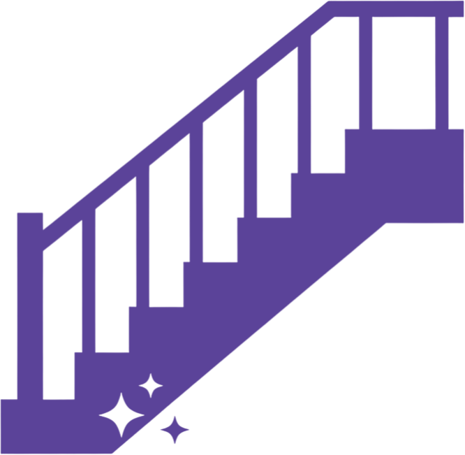 A purple illustration of a staircase with handrails, with sparkles at the bottom.