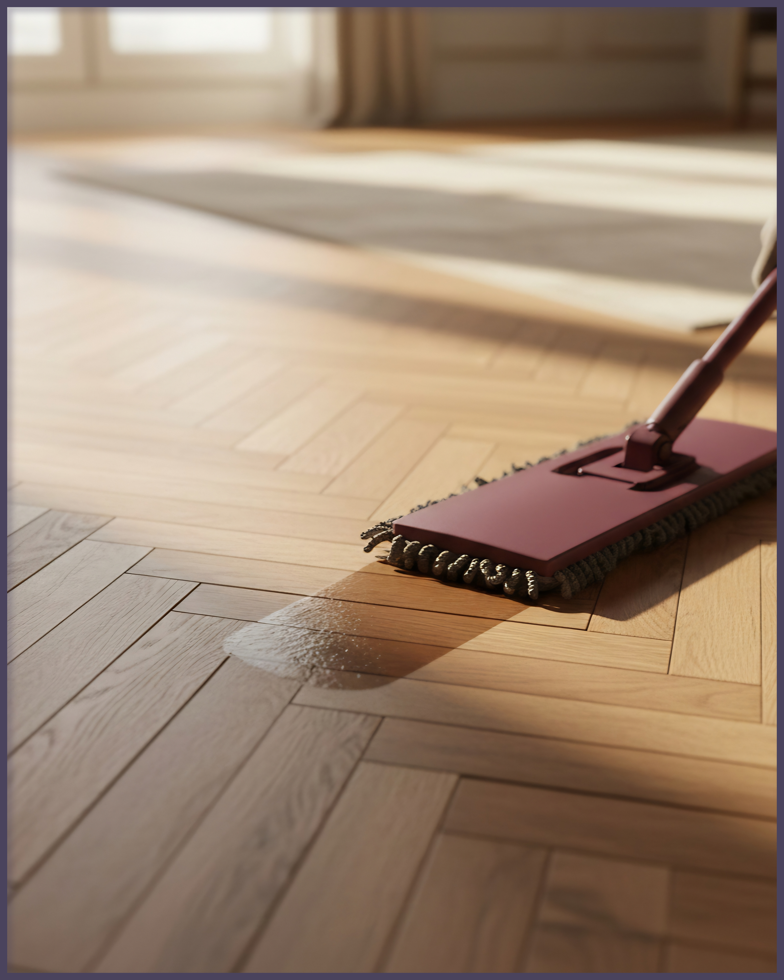A red mop with a gray mop head cleaning a wooden floor.