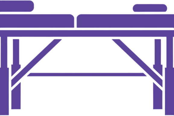 Line drawing of a wooden table with a top, four legs, and supporting beams underneath.