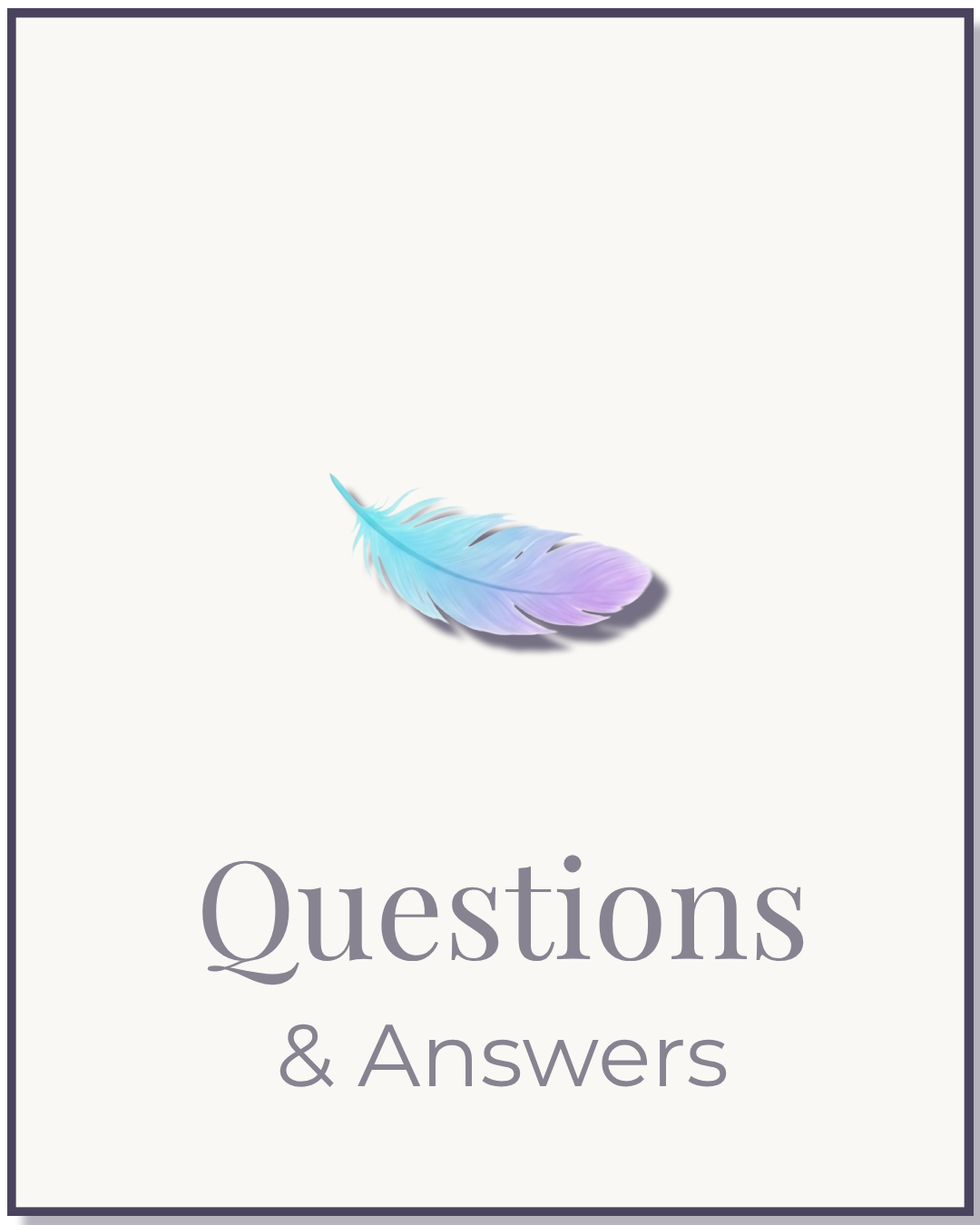 Book cover titled "Questions & Answers" featuring a pastel-colored feather on a white background