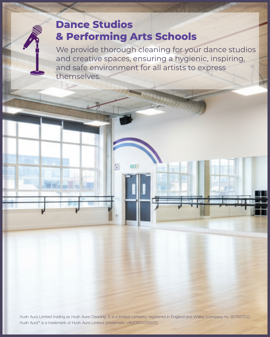 Empty dance studio with wooden floor, large windows, mirrors on wall, ballet barre, and a sign for dance studios and performing arts schools.