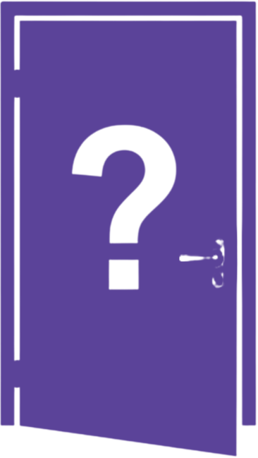 Purple door with a large black question mark in the center.