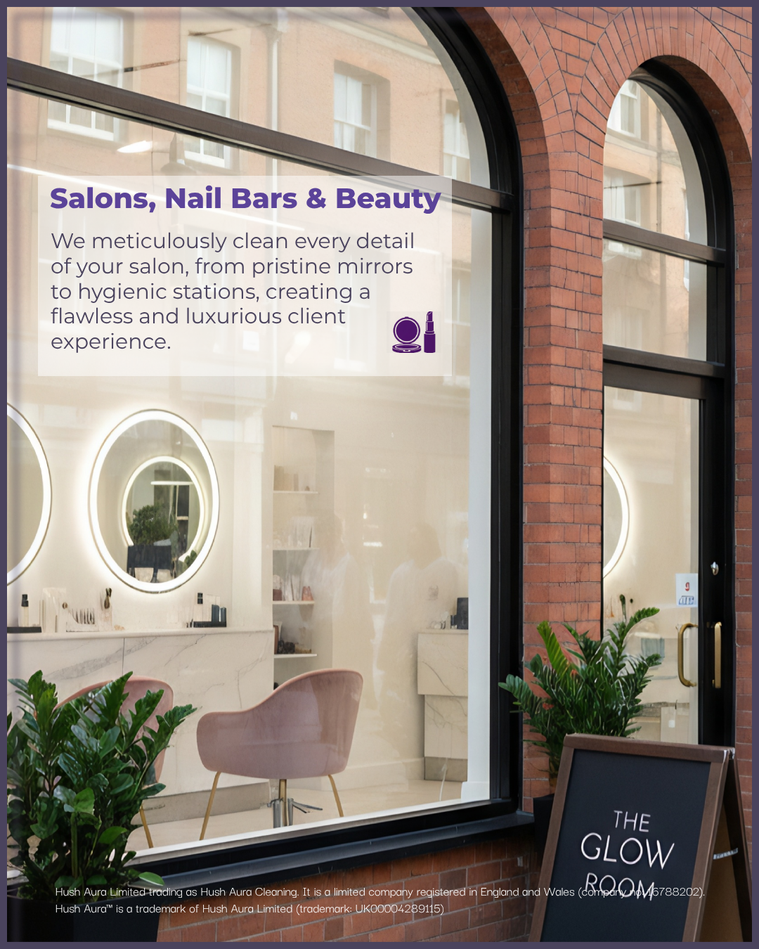 Sign for a salon window advertising nail and beauty services, with interior visible through glass including mirrors and a pink chair, and outdoor plants and a sign for The Glow Room.
